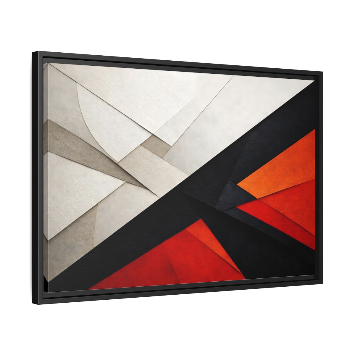 Side Mockup 14. Abstract Geometric Abstraction Black White Red Orange shown as stretched canvas wall art