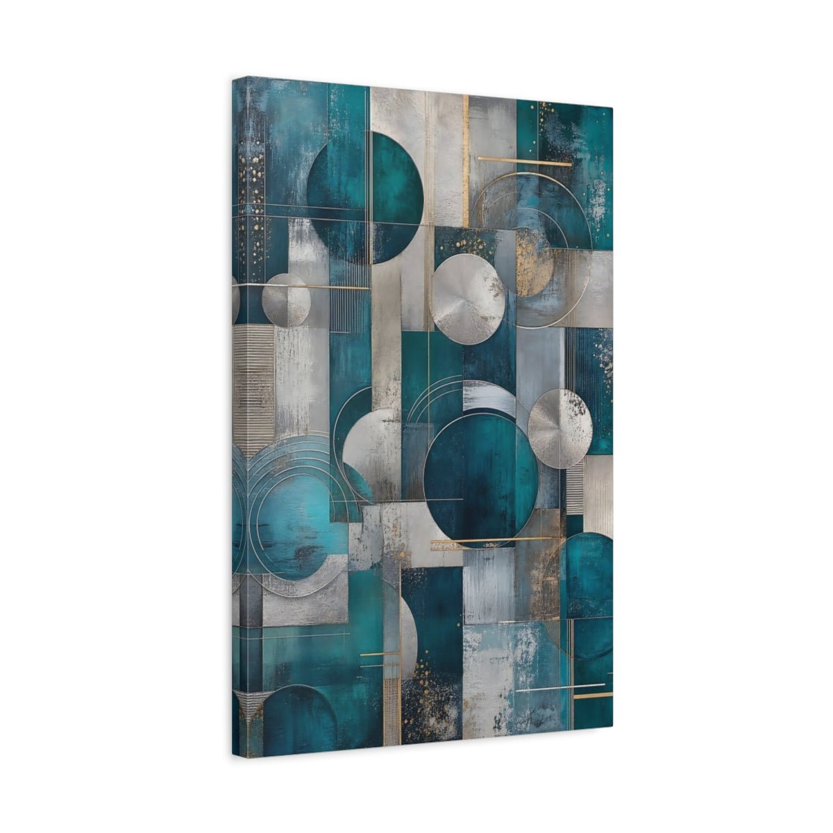 Abstract Geometric Abstraction Teal And Silver Canvas Wall Art Print – Living Room Decor, Above Console Table - YesArtYes