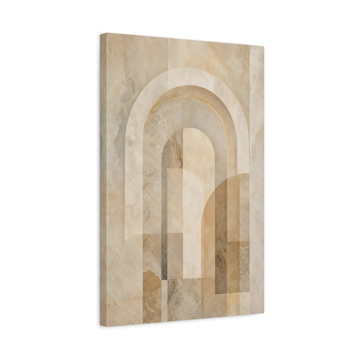Side Mockup 3. Abstract Geometric Arches Beige And Brown shown as stretched canvas wall art