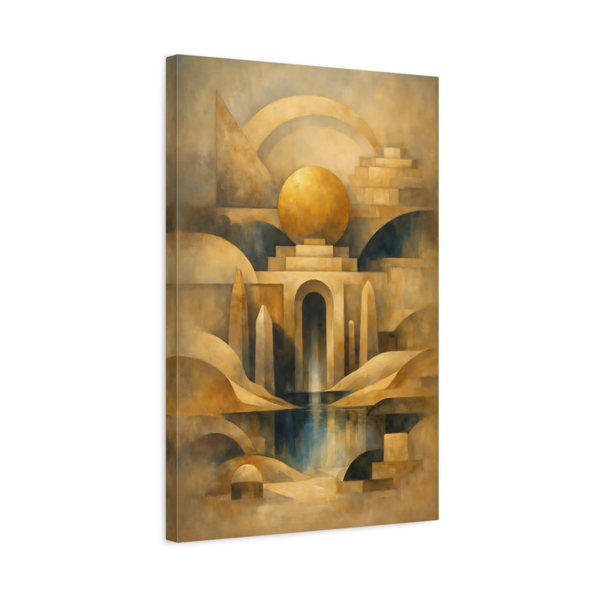Side Mockup 3. Abstract Geometric Architecture Gold And Blue shown as stretched canvas wall art