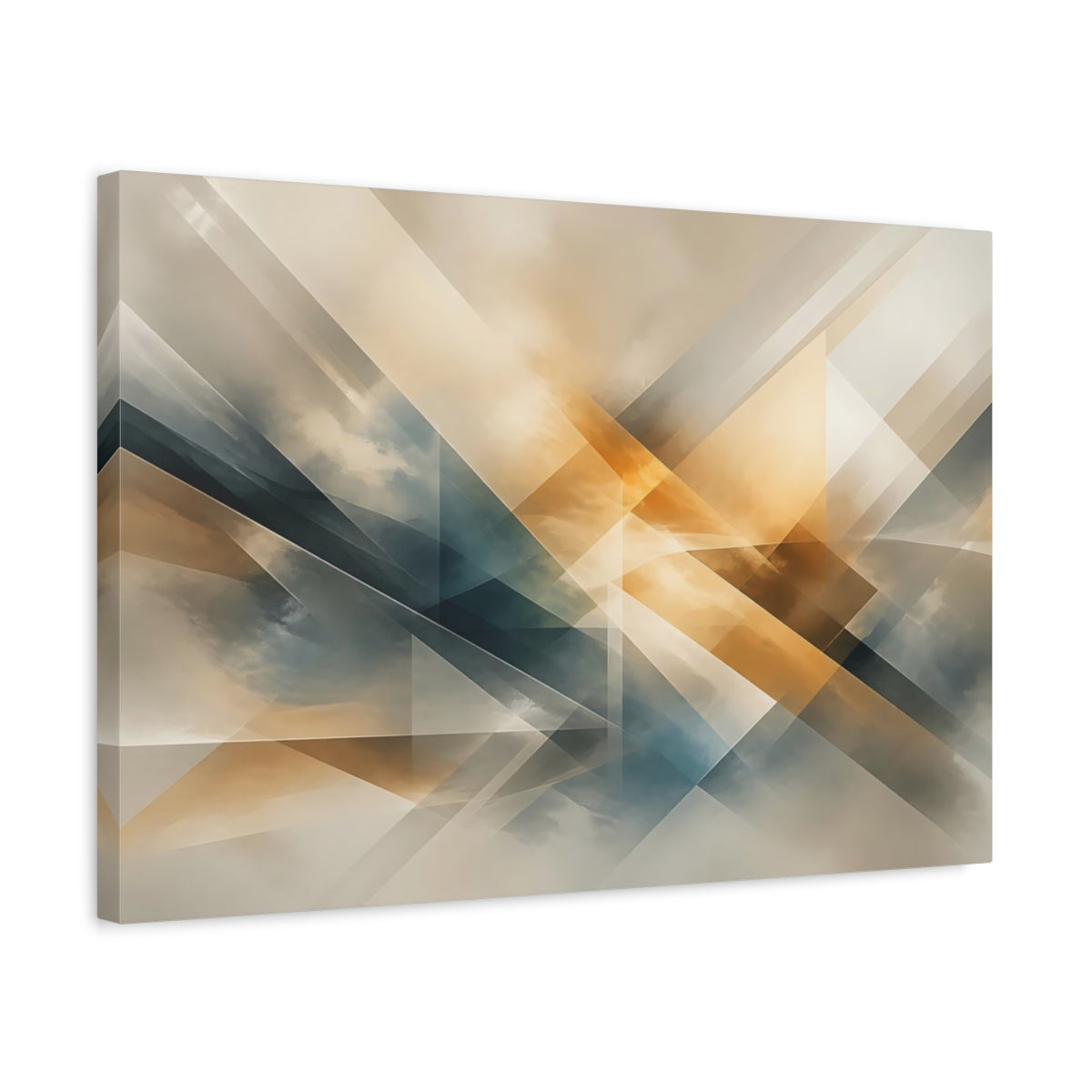 Side Mockup 3. Abstract Geometric Abstract Brown And Blue shown as stretched canvas wall art