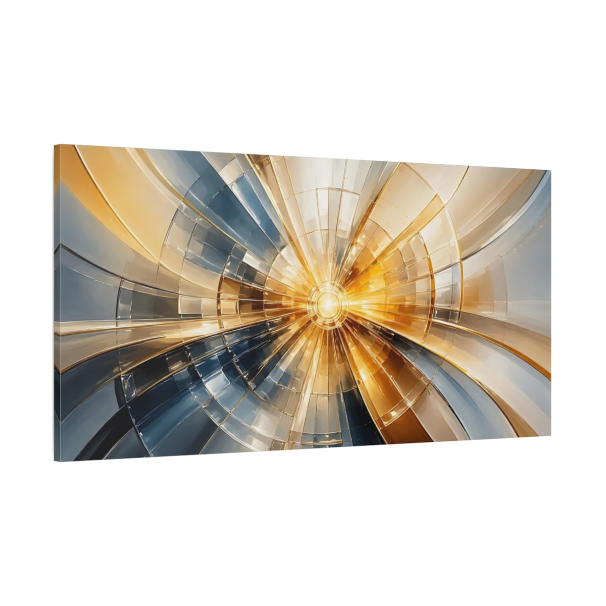 Side Mockup 2. Abstract Geometric Burst Gold And Blue shown as stretched canvas wall art