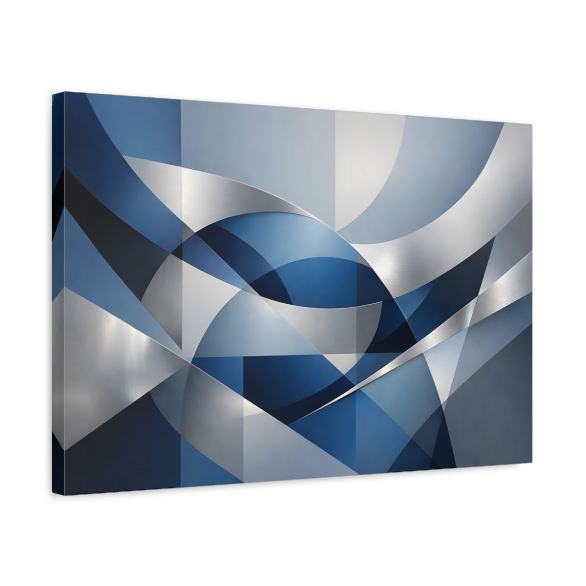 Side Mockup 3. Abstract Geometric Forms Blue And Silver shown as stretched canvas wall art