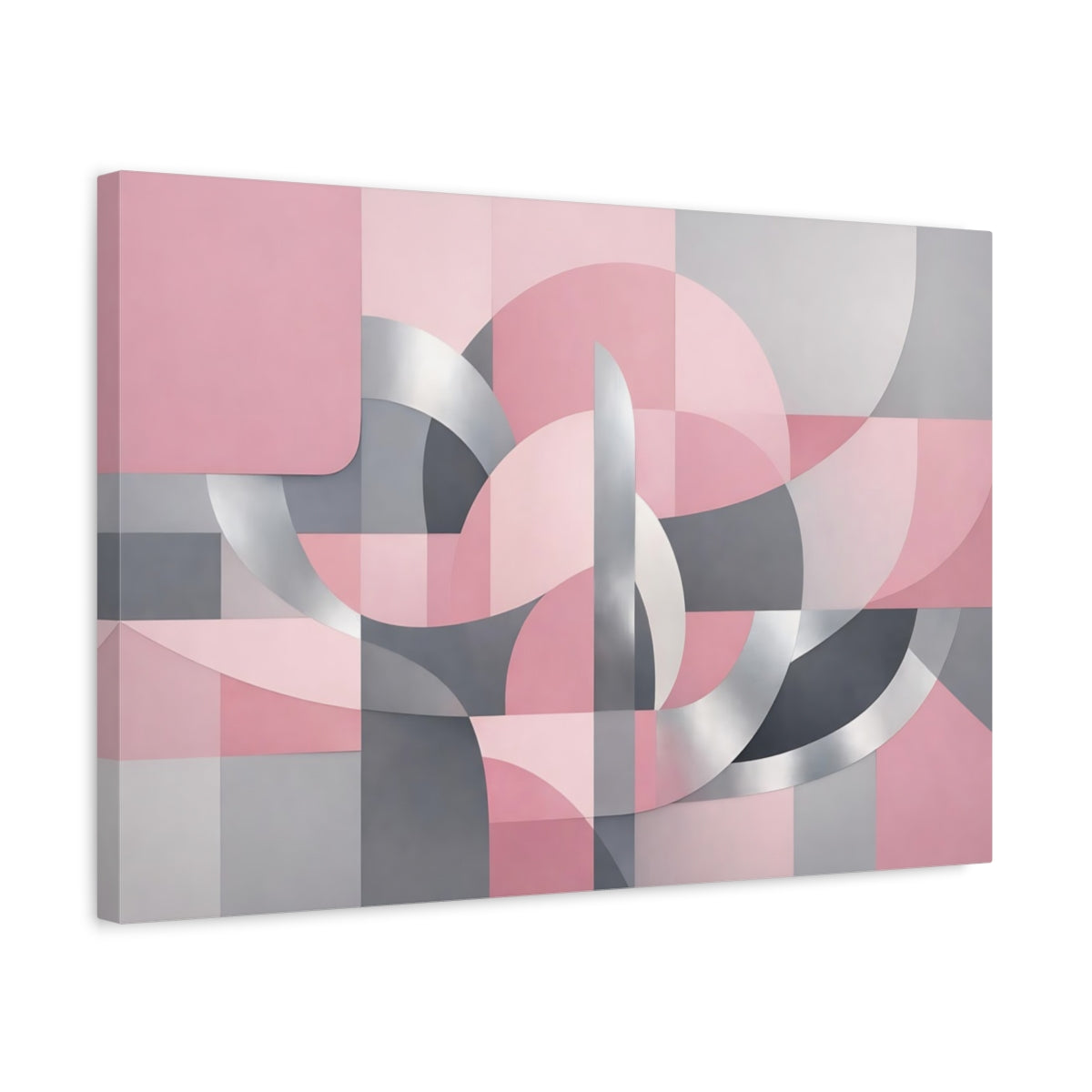 Side Mockup 3. Abstract Geometric Forms Pink Grey Silver shown as stretched canvas wall art