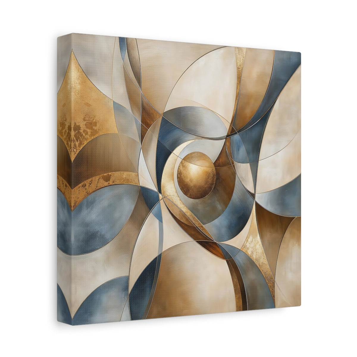 Side Mockup 9. Abstract Geometric Abstract Gold Blue Beige shown as stretched canvas wall art