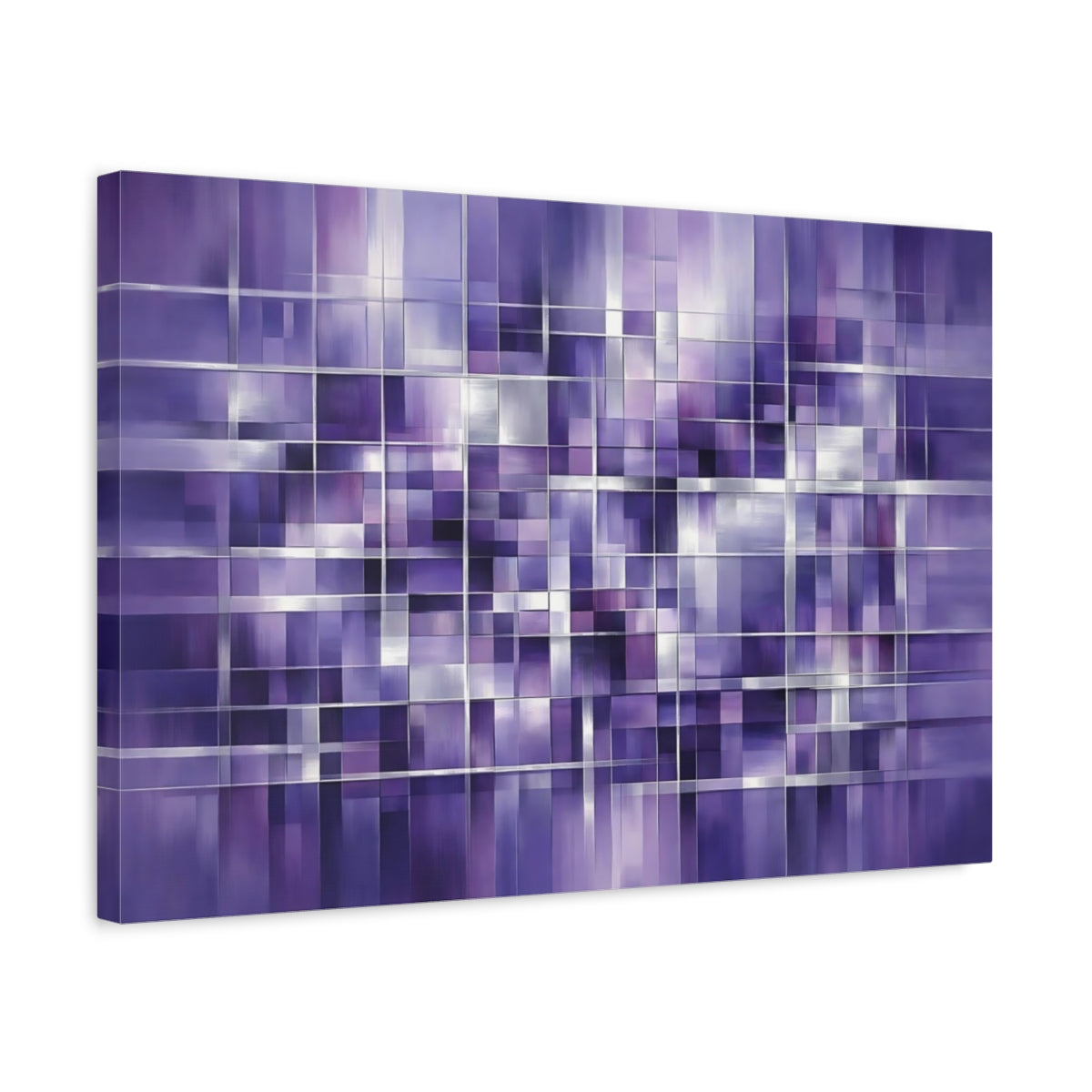 Side Mockup 3. Abstract Geometric Grid Purple Grid shown as stretched canvas wall art