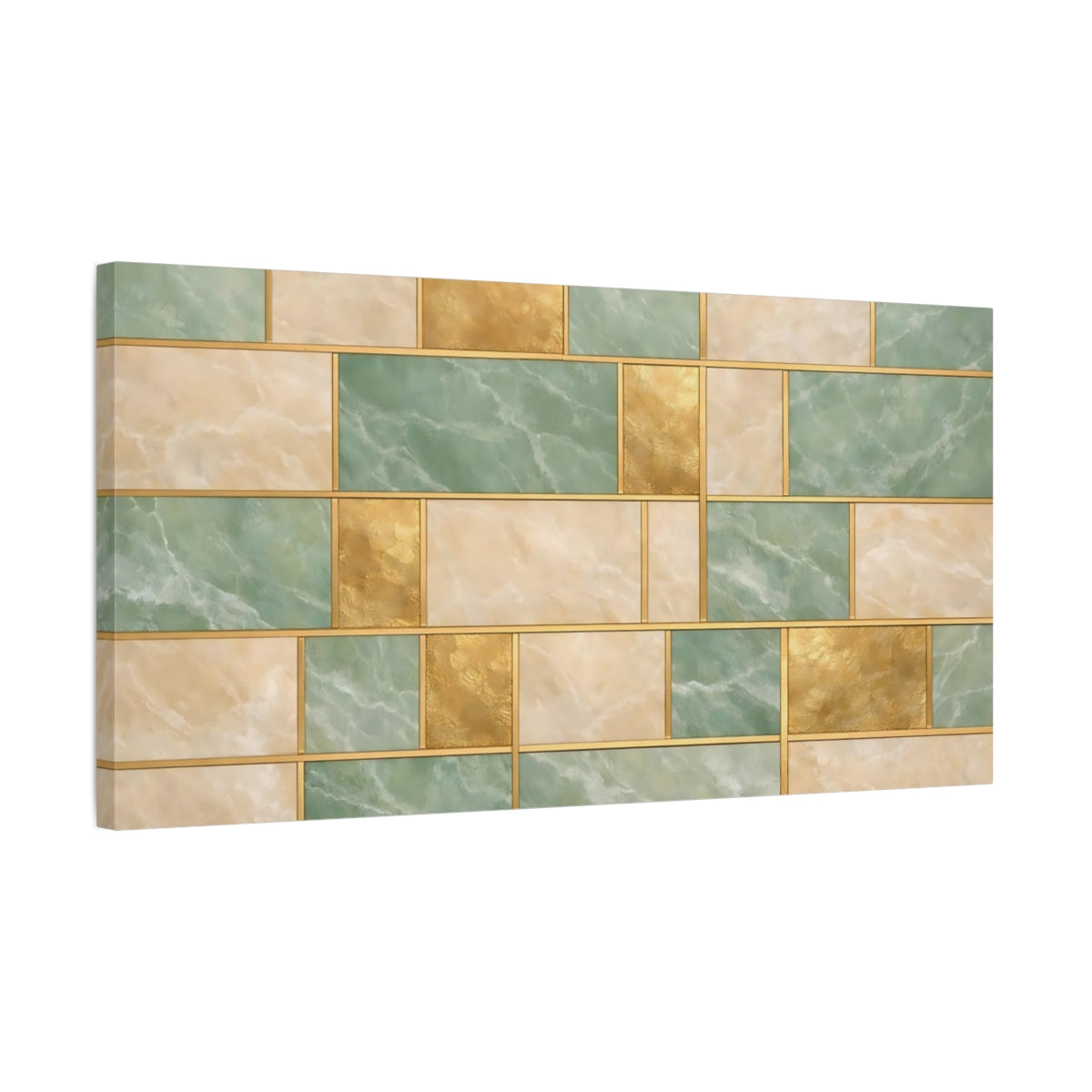 Side Mockup 2. Abstract Geometric Pattern Green Gold Pattern shown as stretched canvas wall art