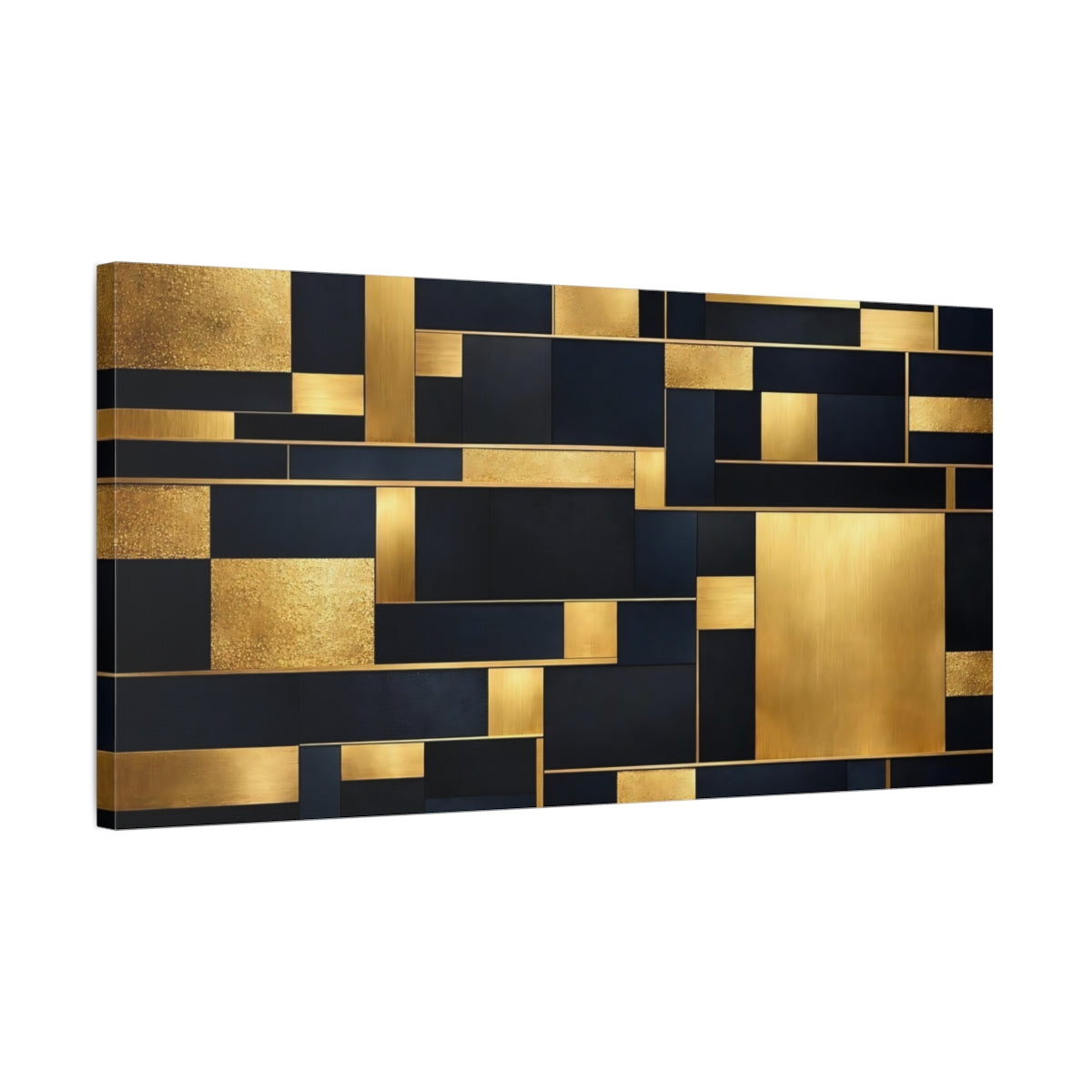 Side Mockup 2. Abstract Geometric Shapes Black And Gold shown as stretched canvas wall art