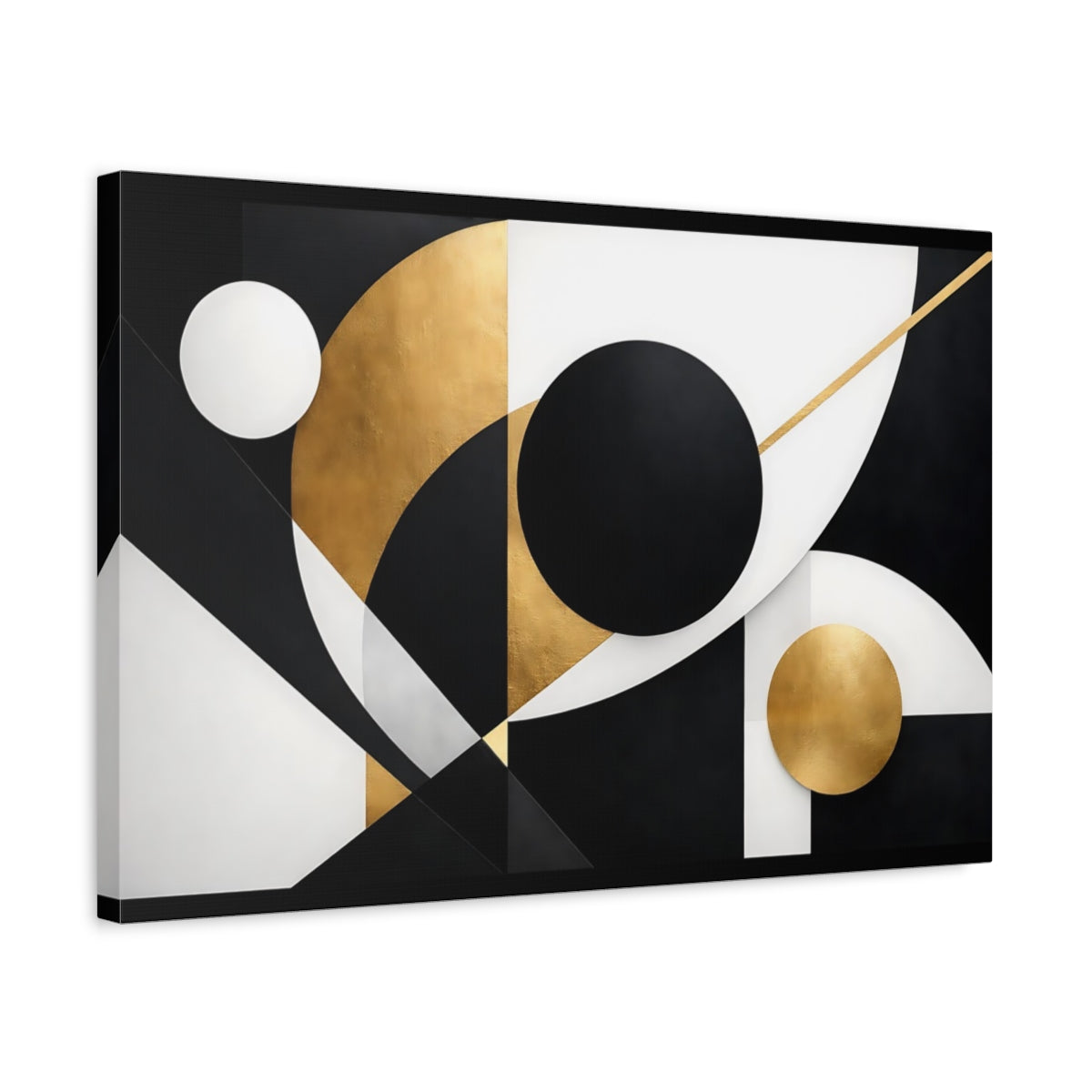 Side Mockup 3. Abstract Geometric Shapes Black And Gold shown as stretched canvas wall art