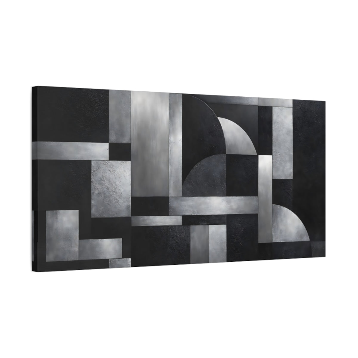 Side Mockup 2. Abstract Geometric Shapes Black And Silver Abstract shown as stretched canvas wall art