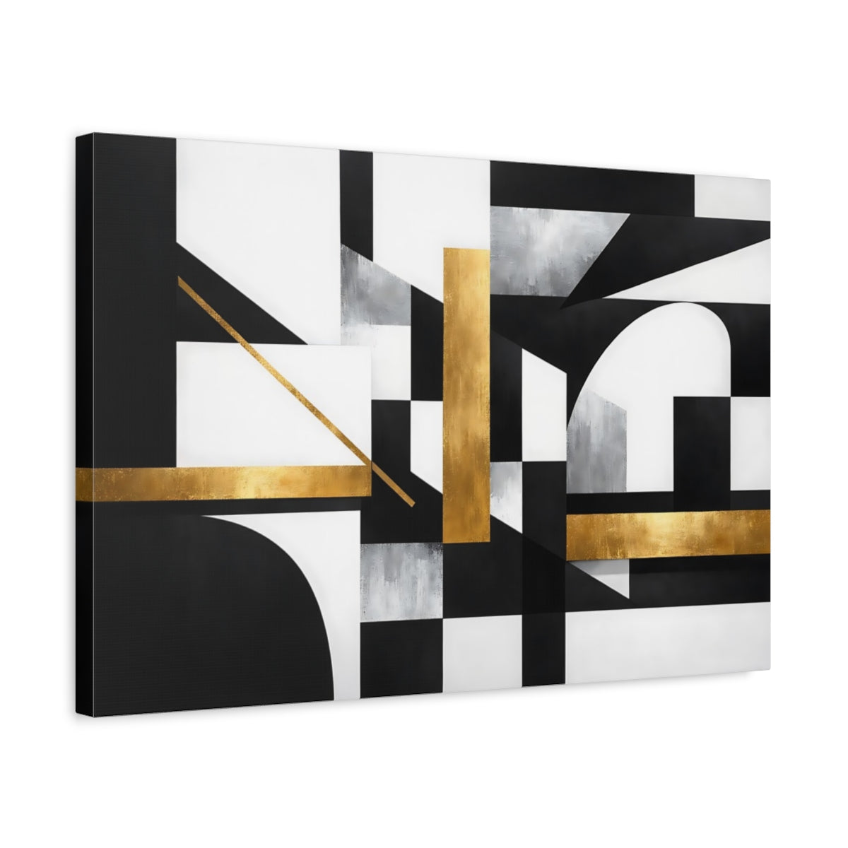 Side Mockup 3. Abstract Geometric Shapes Black White Gold shown as stretched canvas wall art