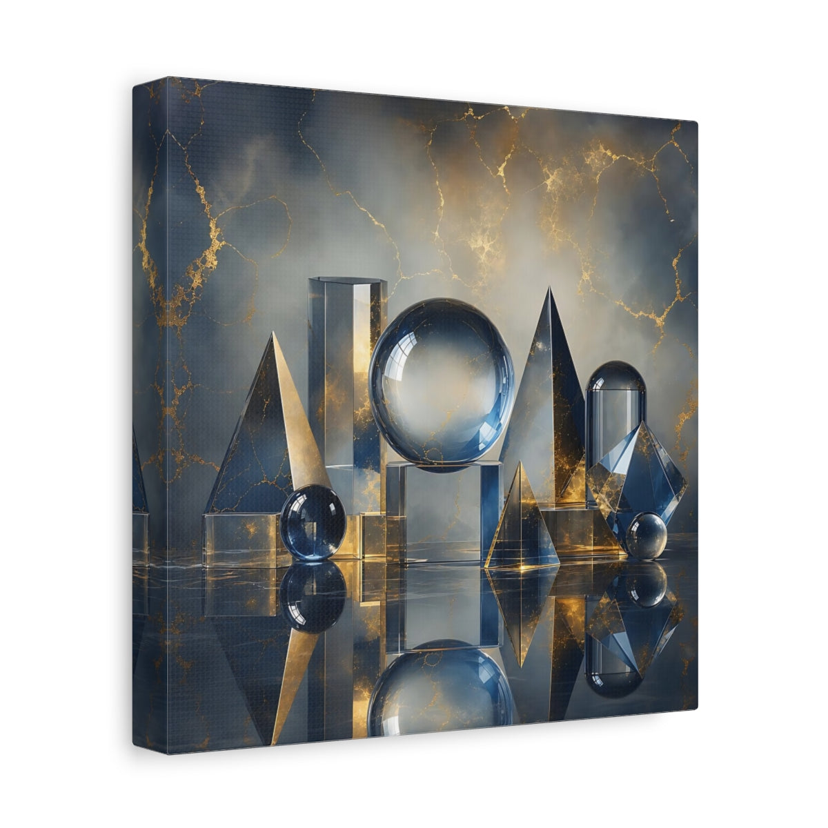 Side Mockup 9. Abstract Geometric Shapes Blue And Gold shown as stretched canvas wall art