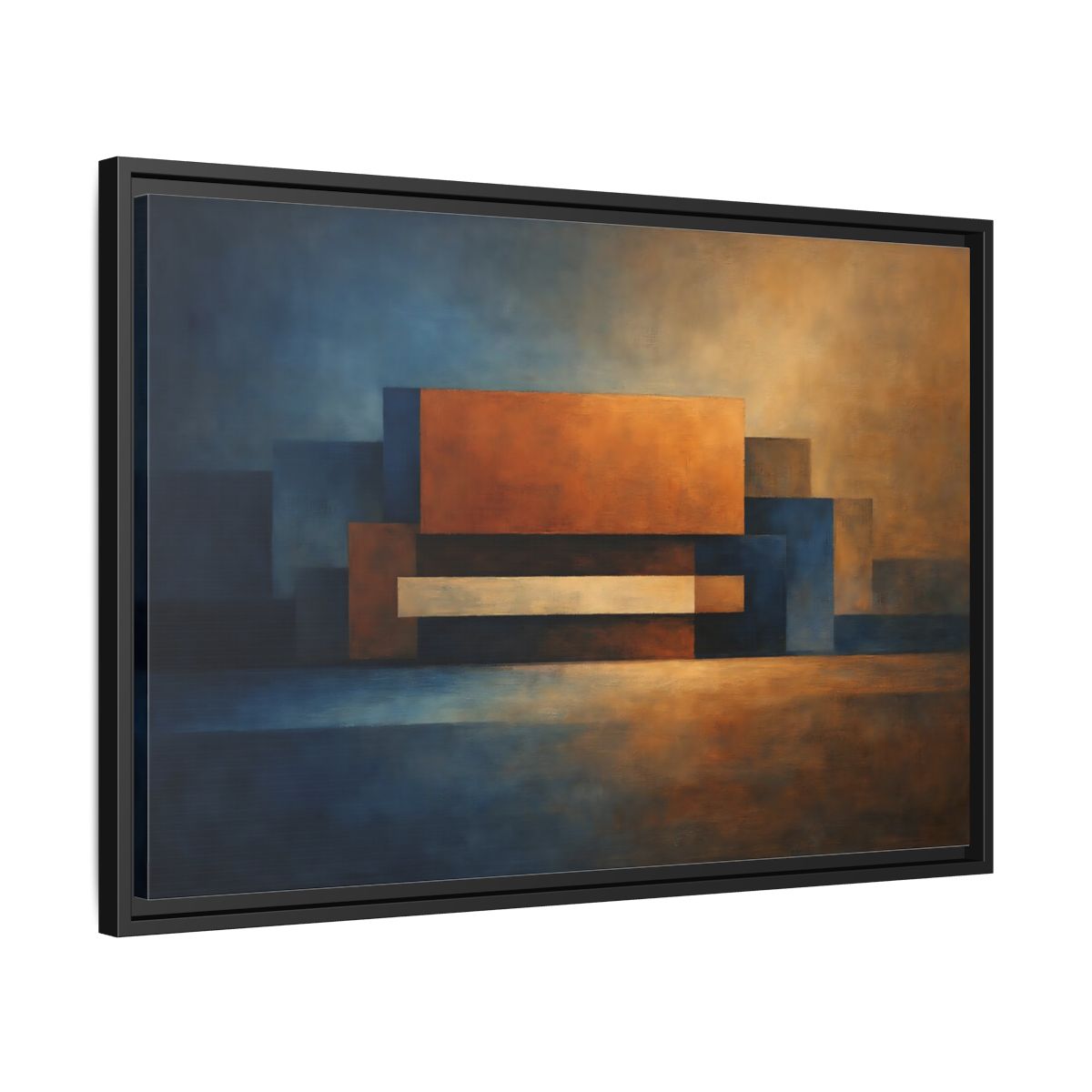 Side Mockup 14. Abstract Geometric Shapes Blue And Orange Abstract shown as stretched canvas wall art