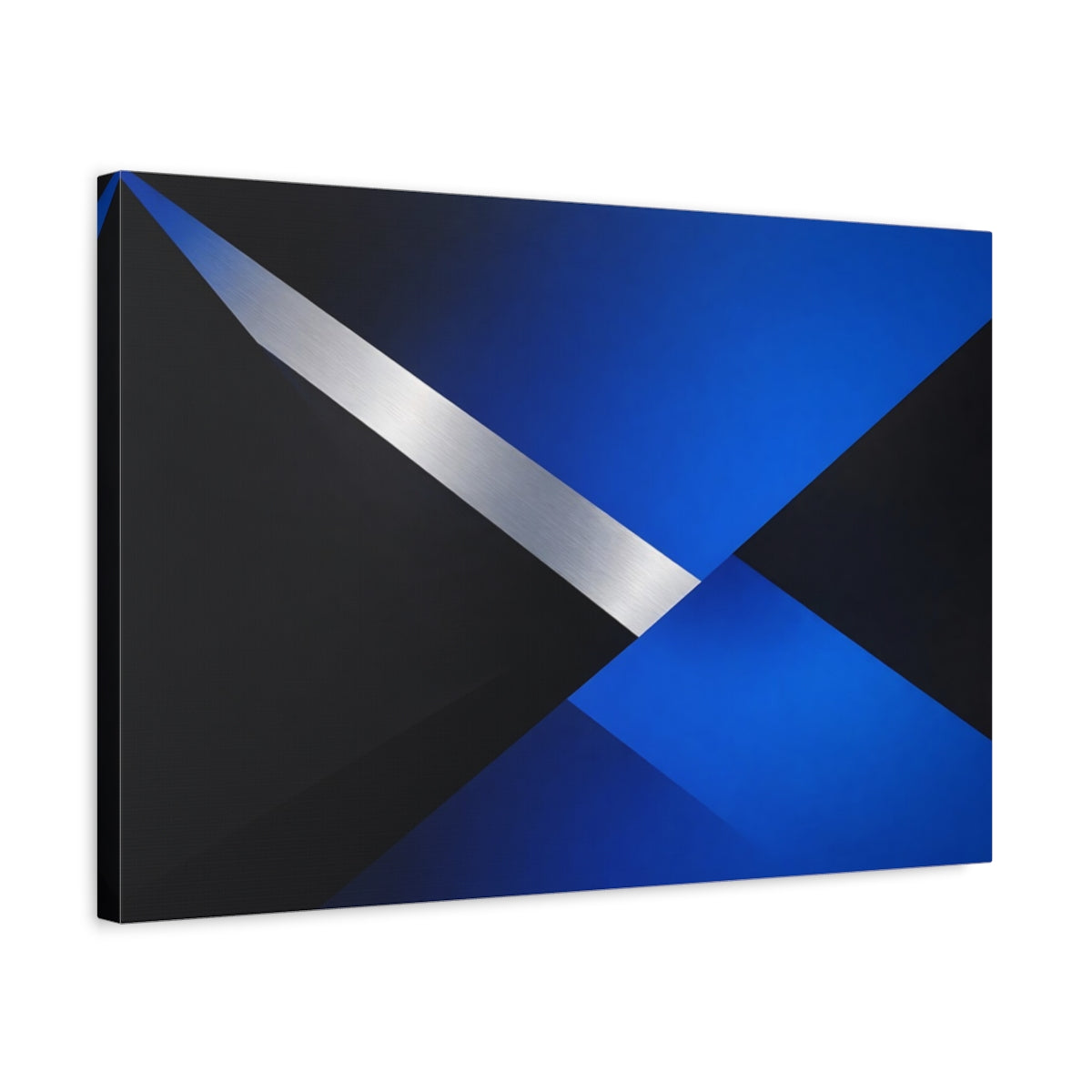 Side Mockup 3. Abstract Geometric Shapes Blue Black Silver shown as stretched canvas wall art