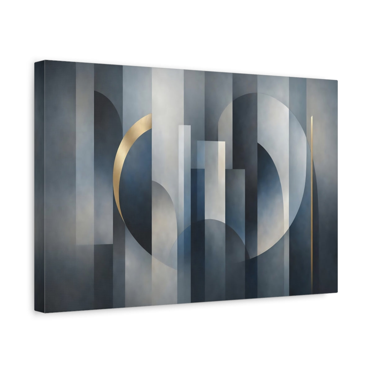 Side Mockup 4. Abstract Geometric Shapes Blue Gray Gold Abstract shown as stretched canvas wall art