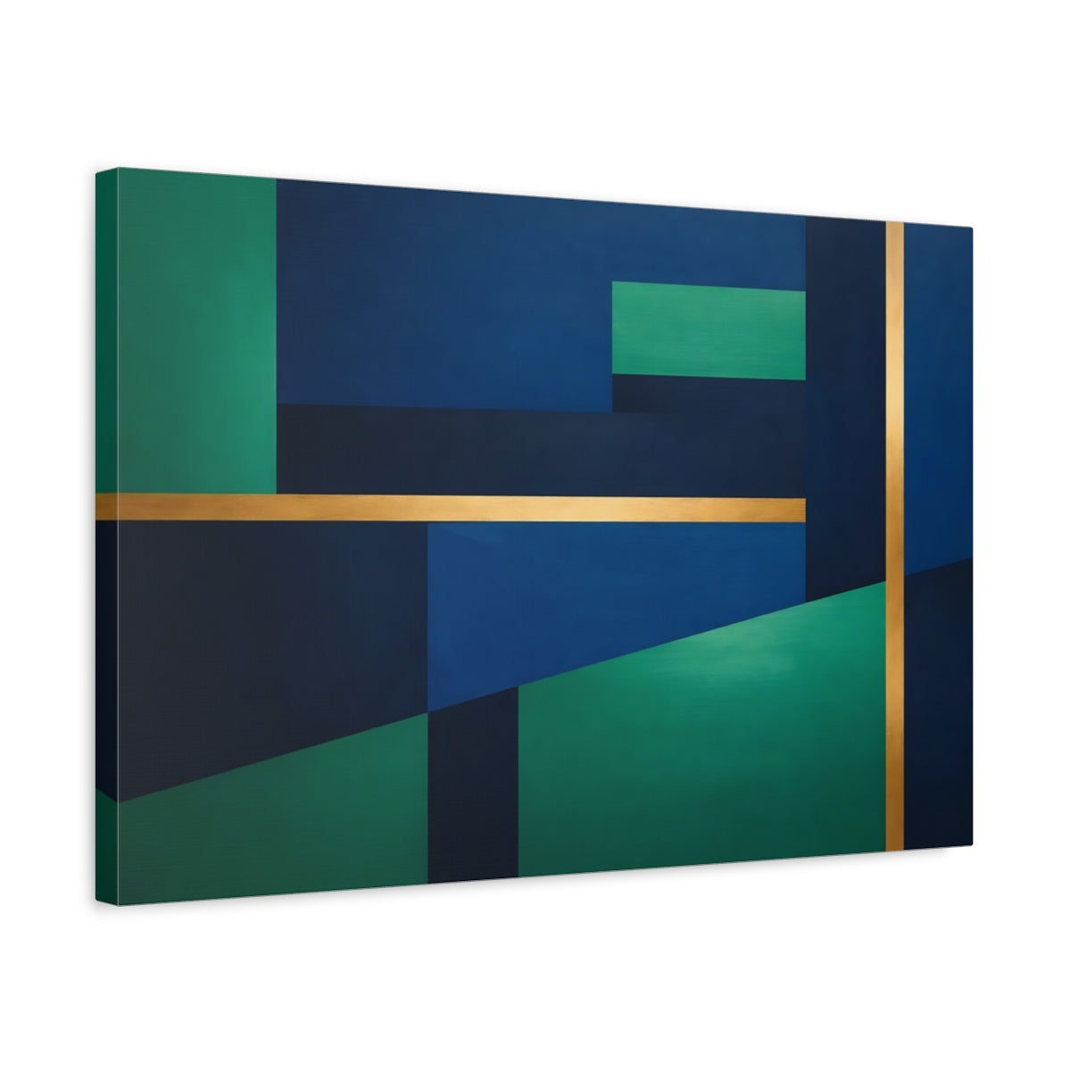Side Mockup 3. Abstract Geometric Shapes Blue Green Gold Abstract shown as stretched canvas wall art