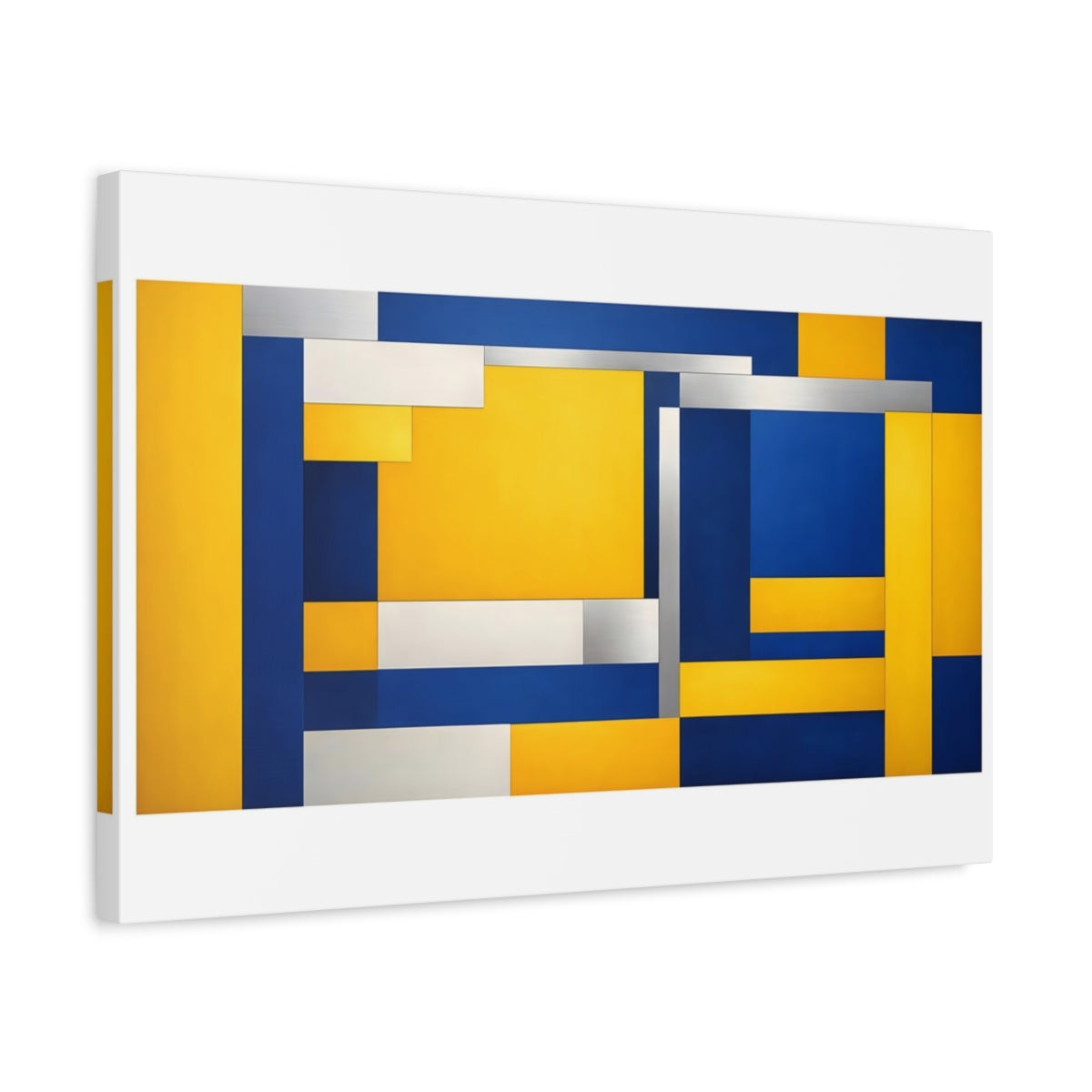 Side Mockup 3. Abstract Geometric Shapes Blue Yellow Geometric shown as stretched canvas wall art