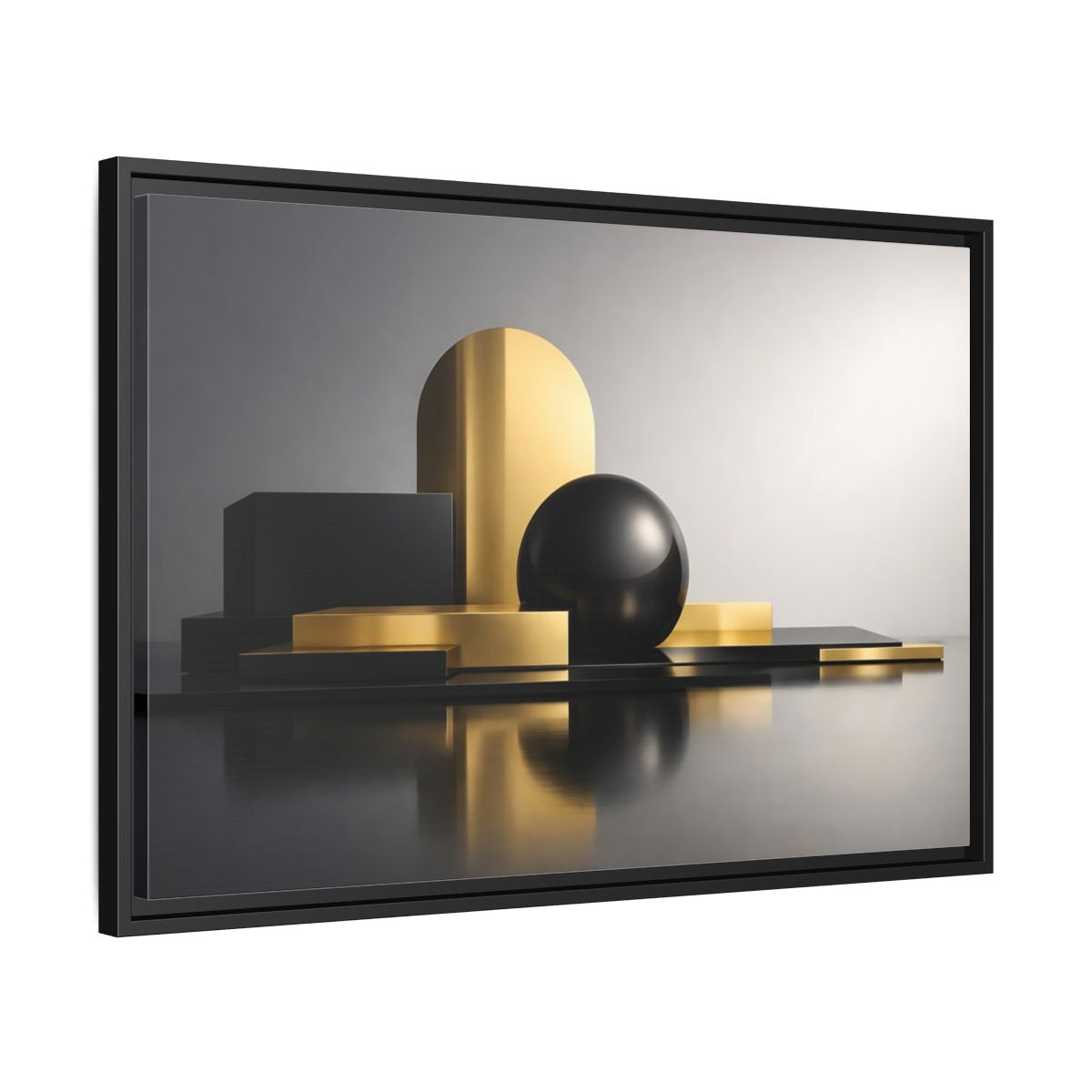 Side Mockup 14. Abstract Geometric Shapes Gold And Black Abstract shown as stretched canvas wall art