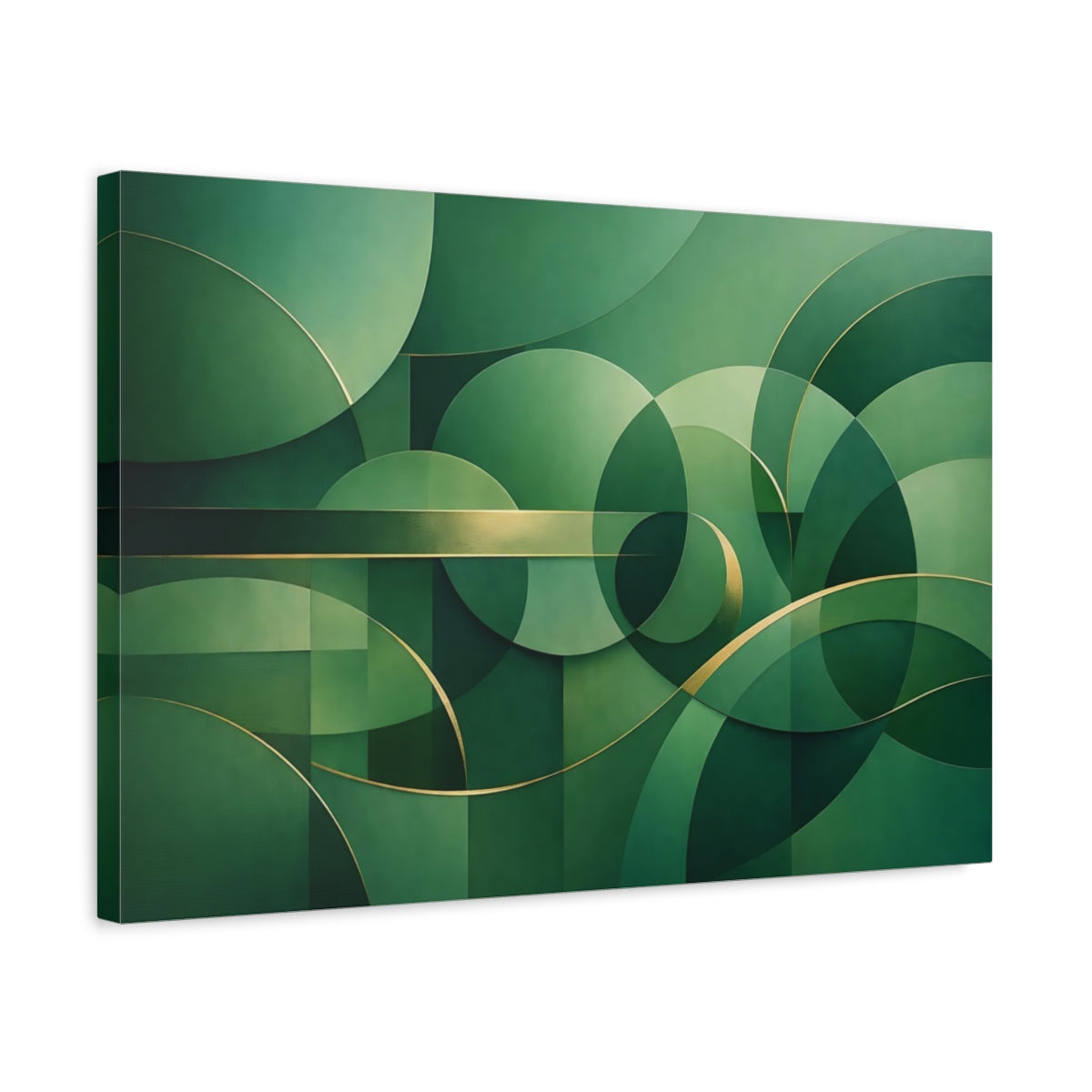 Side Mockup 3. Abstract Geometric Shapes Green And Gold shown as stretched canvas wall art