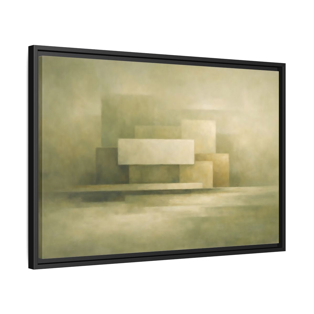 Side Mockup 14. Abstract Geometric Shapes Muted Green Beige shown as stretched canvas wall art