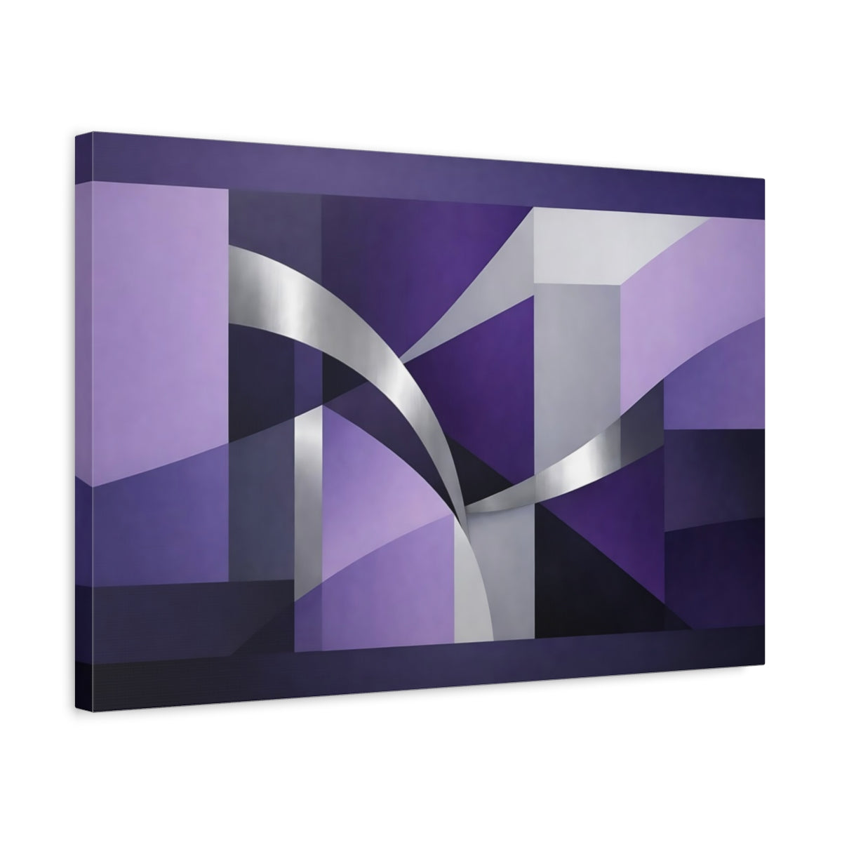 Side Mockup 3. Abstract Geometric Shapes Purple And Silver shown as stretched canvas wall art