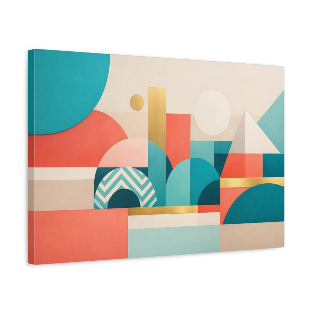 Side Mockup 3. Abstract Geometric Shapes Teal Coral Gold shown as stretched canvas wall art