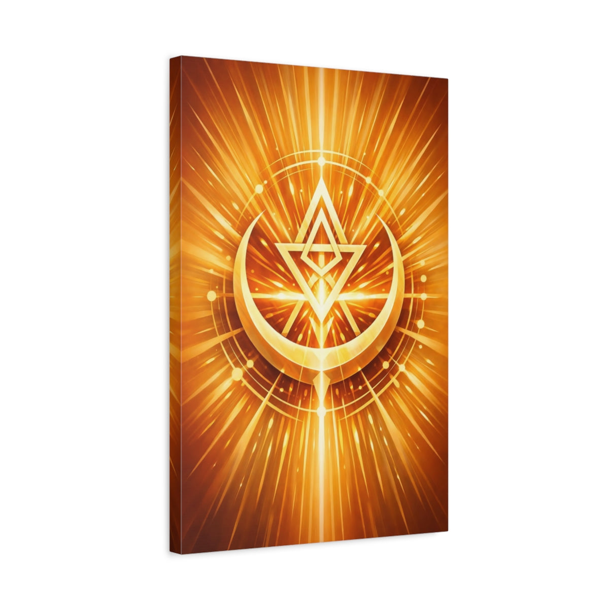 Side Mockup 3. Abstract Geometric Symbol Gold Abstract shown as stretched canvas wall art