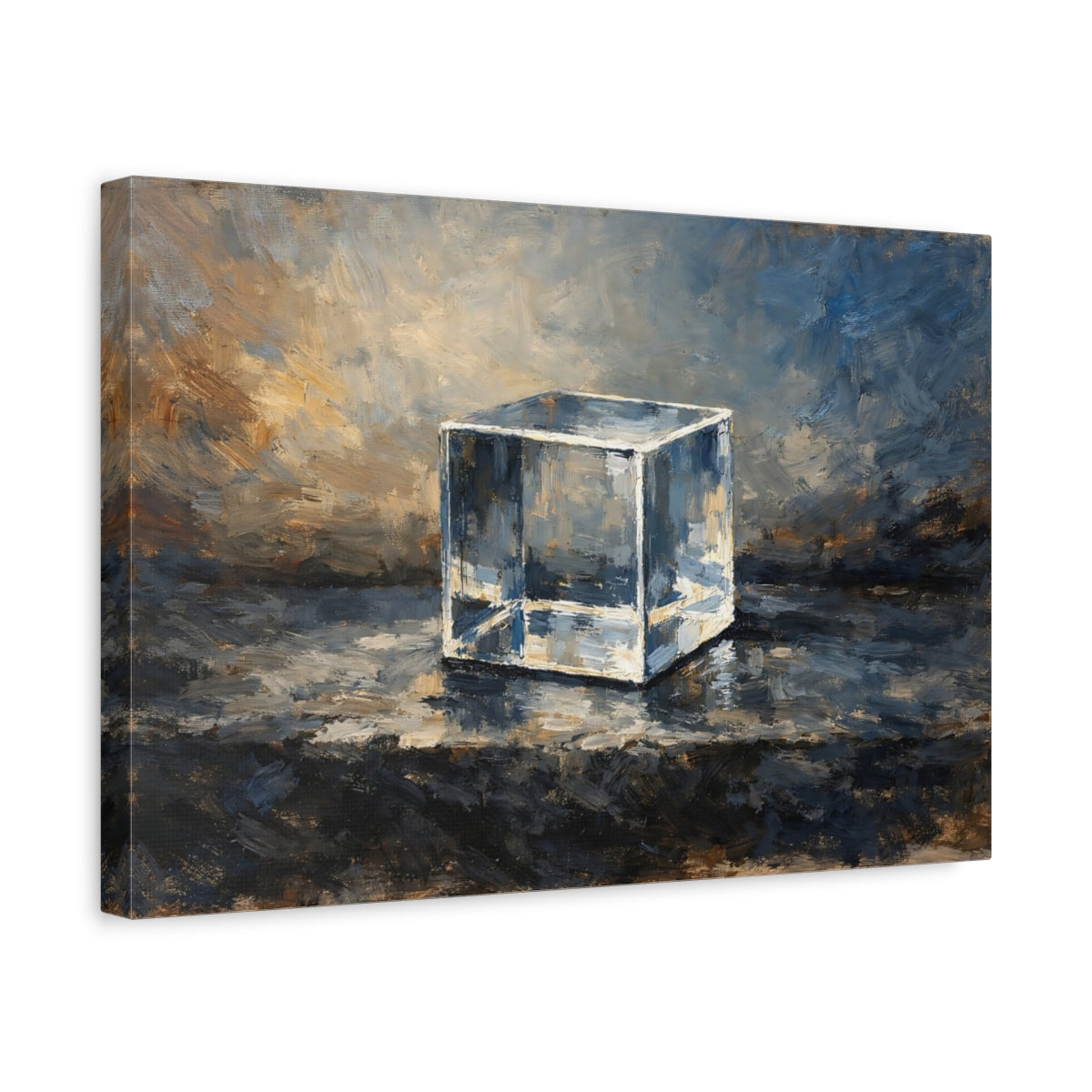 Side Mockup 4. Abstract Glass Cube Blue Brown Cube shown as stretched canvas wall art