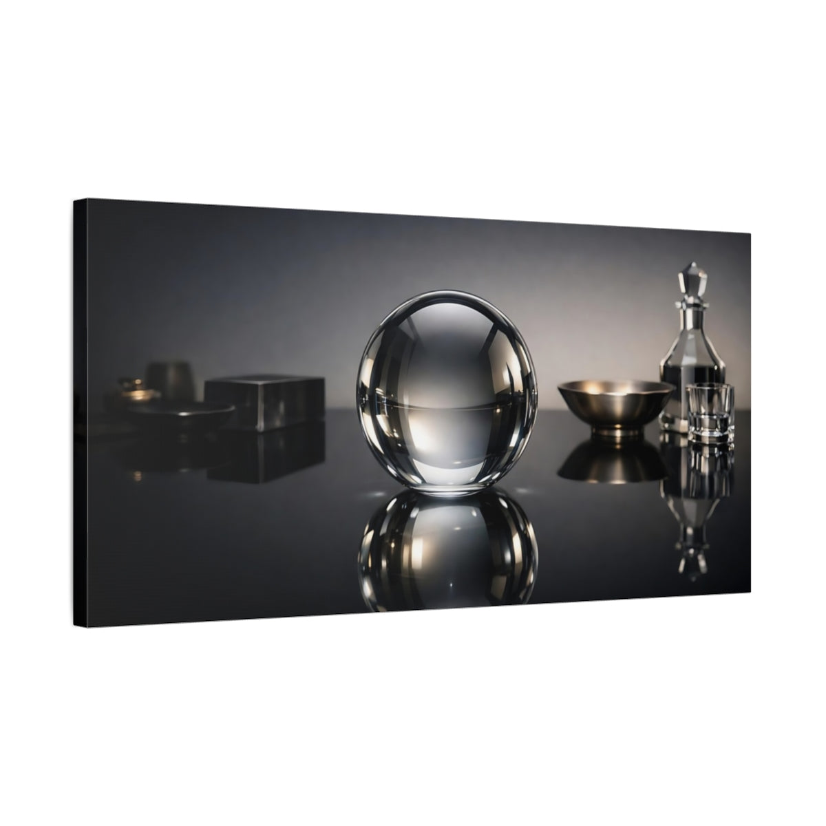 Side Mockup 2. Abstract Glass Sphere Monochrome Still Life shown as stretched canvas wall art