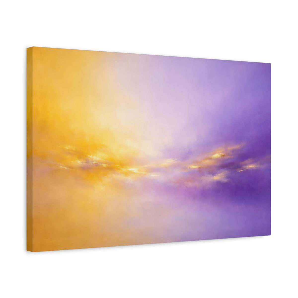 Side Mockup 3. Abstract Abstract Glow Purple And Gold shown as stretched canvas wall art