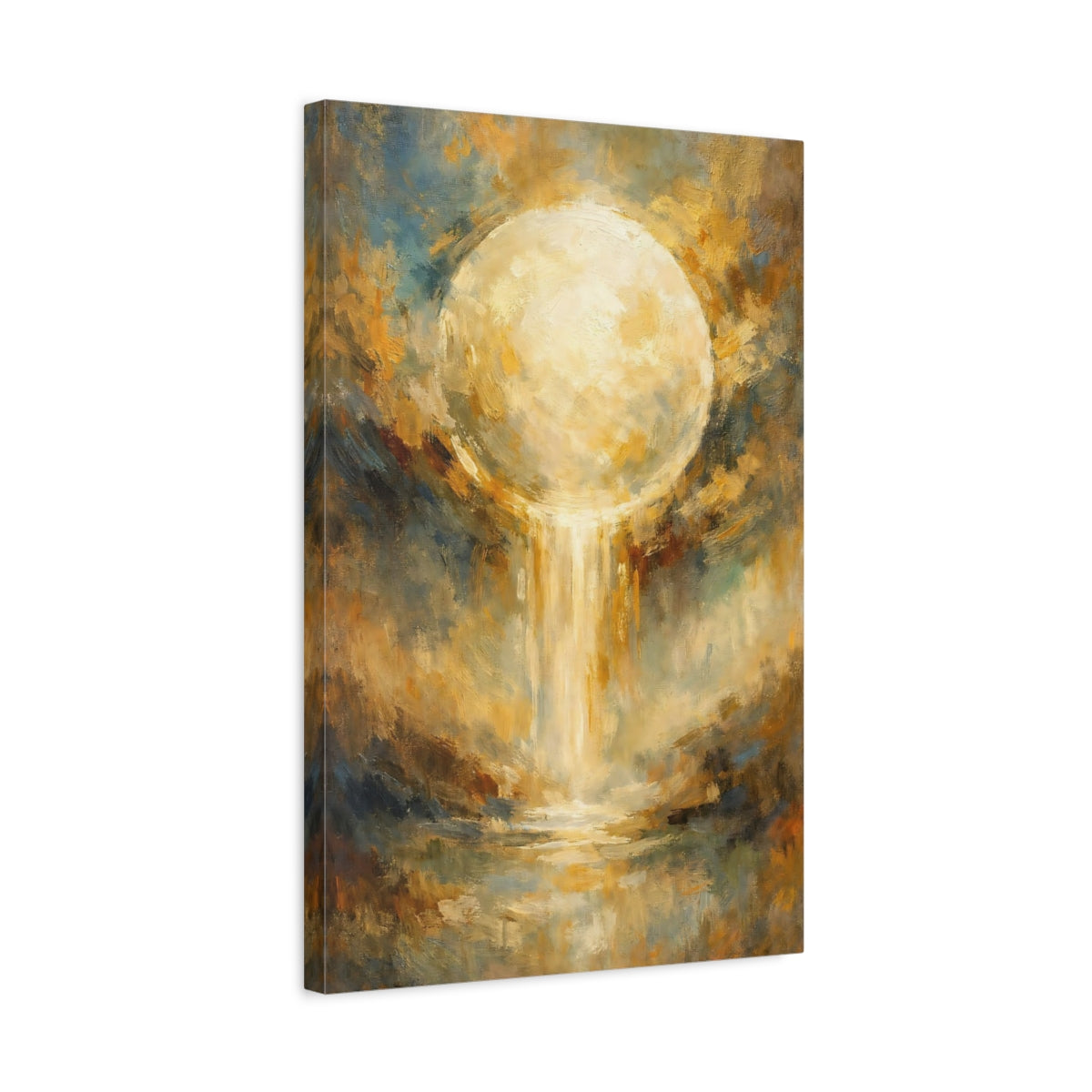 Side Mockup 3. Abstract Glowing Orb Gold And Blue Abstract shown as stretched canvas wall art