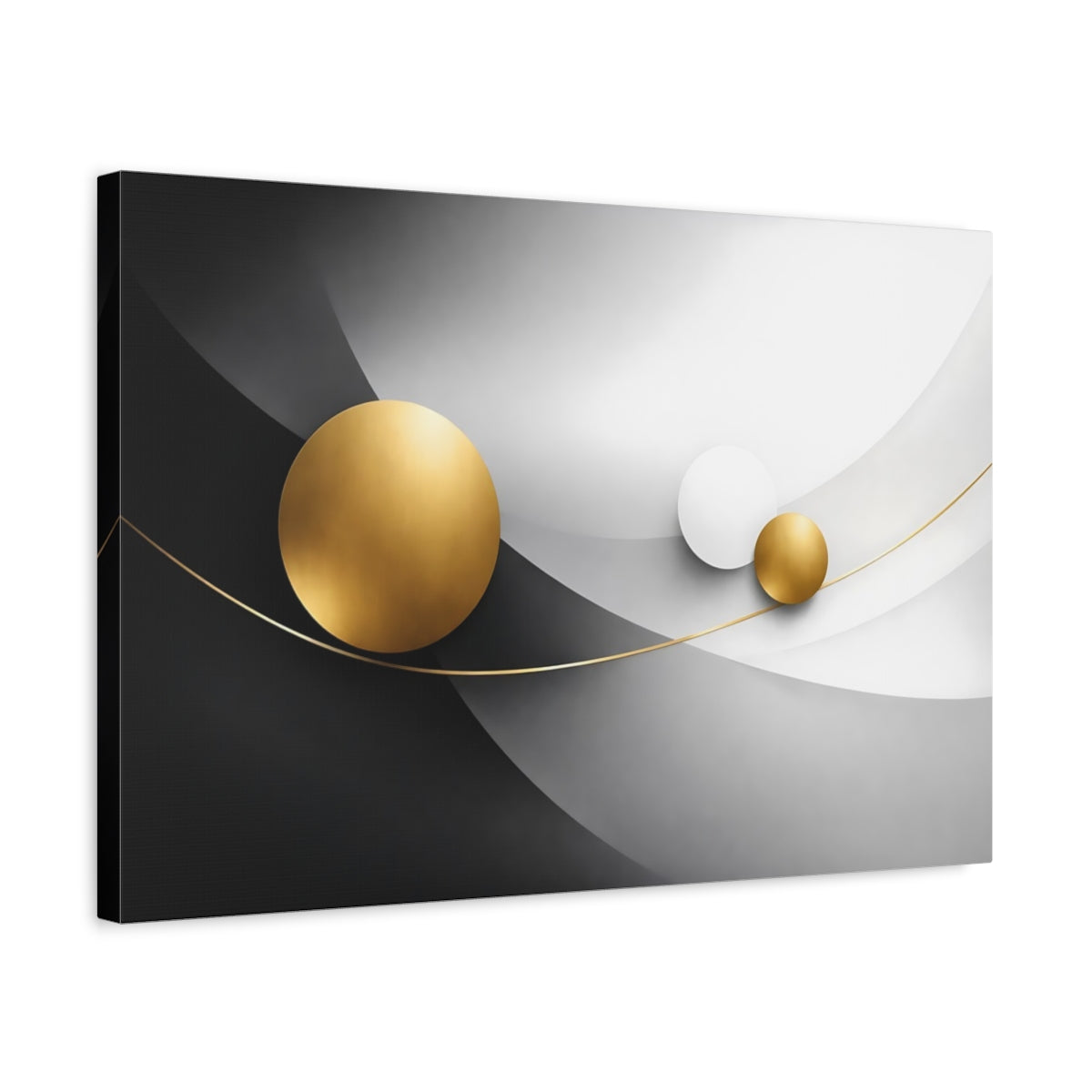Side Mockup 3. Abstract Gold Circles Gold Black Abstract shown as stretched canvas wall art