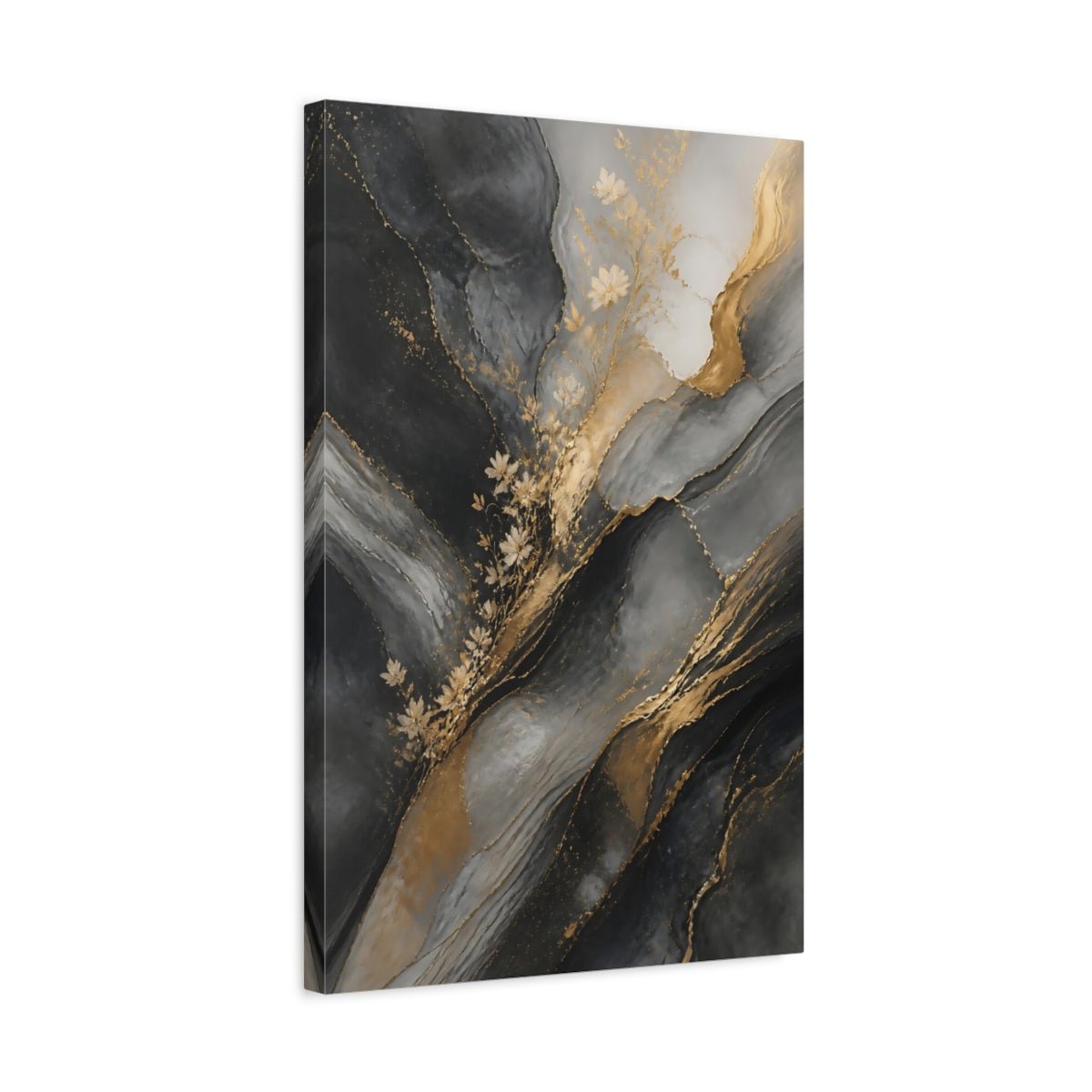 Abstract Gold Flowers And Gray Canvas Print – Living Room, Above Console Table, - YesArtYes