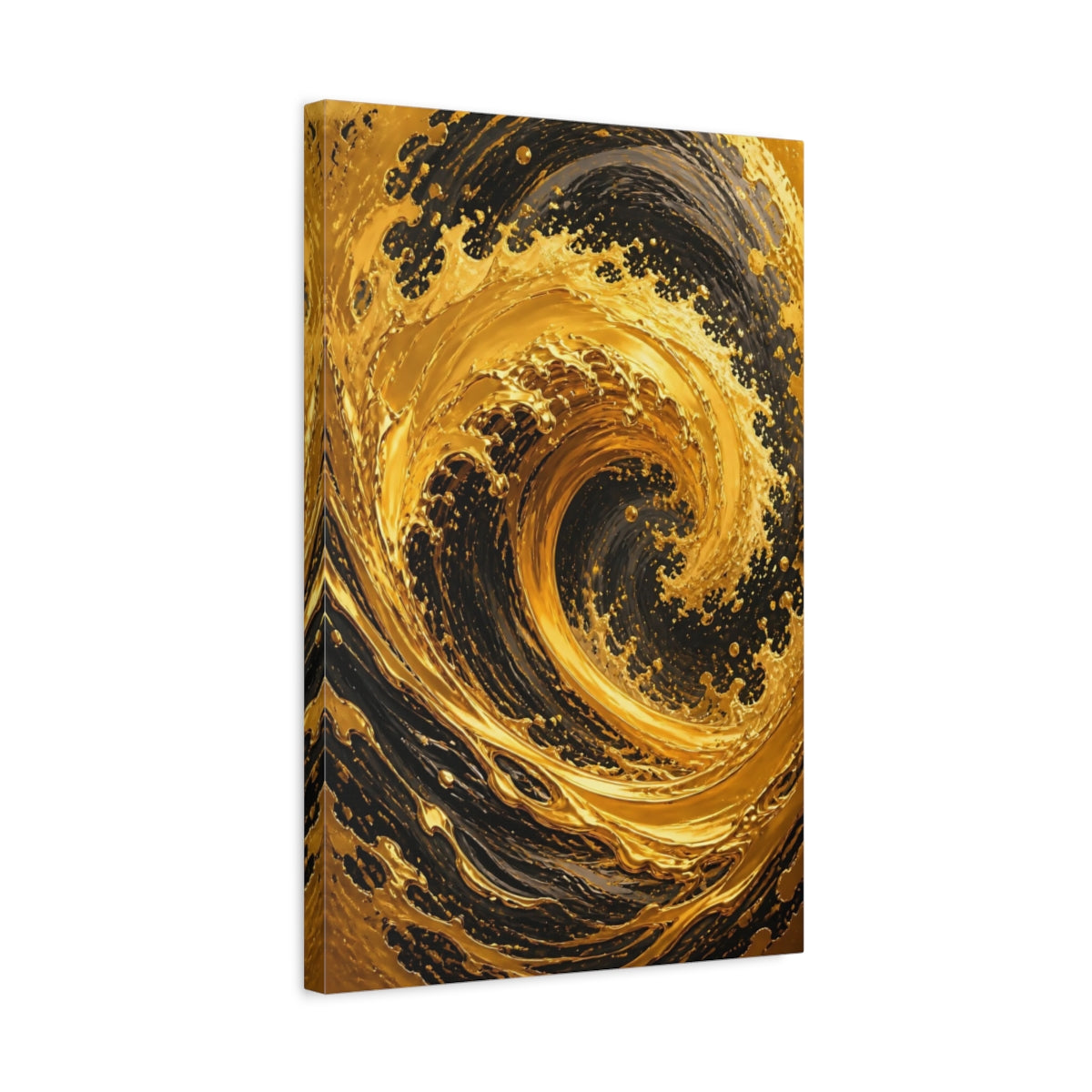 Side Mockup 3. Abstract Gold Swirl Gold And Black shown as stretched canvas wall art