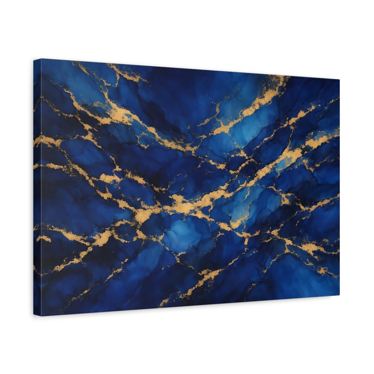 Side Mockup 3. Abstract Gold Veins Blue And Gold shown as stretched canvas wall art