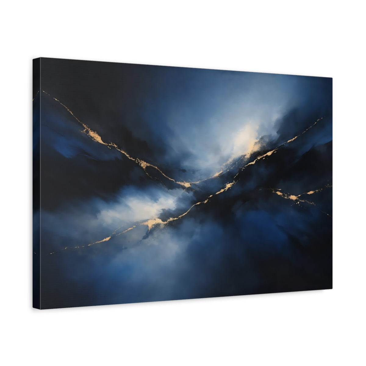Side Mockup 3. Abstract Gold Veins Blue And Gold shown as stretched canvas wall art