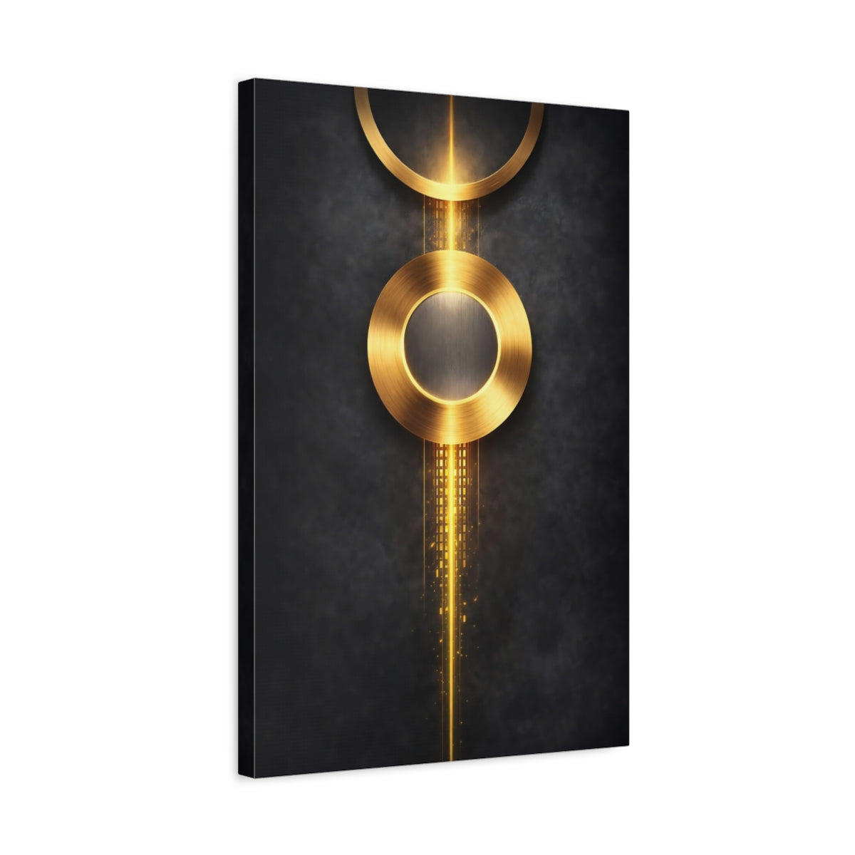 Side Mockup 3. Abstract Golden Circles Golden Abstract shown as stretched canvas wall art
