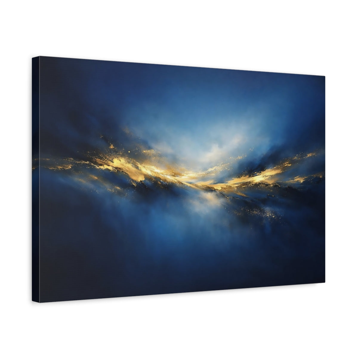 Side Mockup 3. Abstract Golden Light Blue And Gold Abstract shown as stretched canvas wall art
