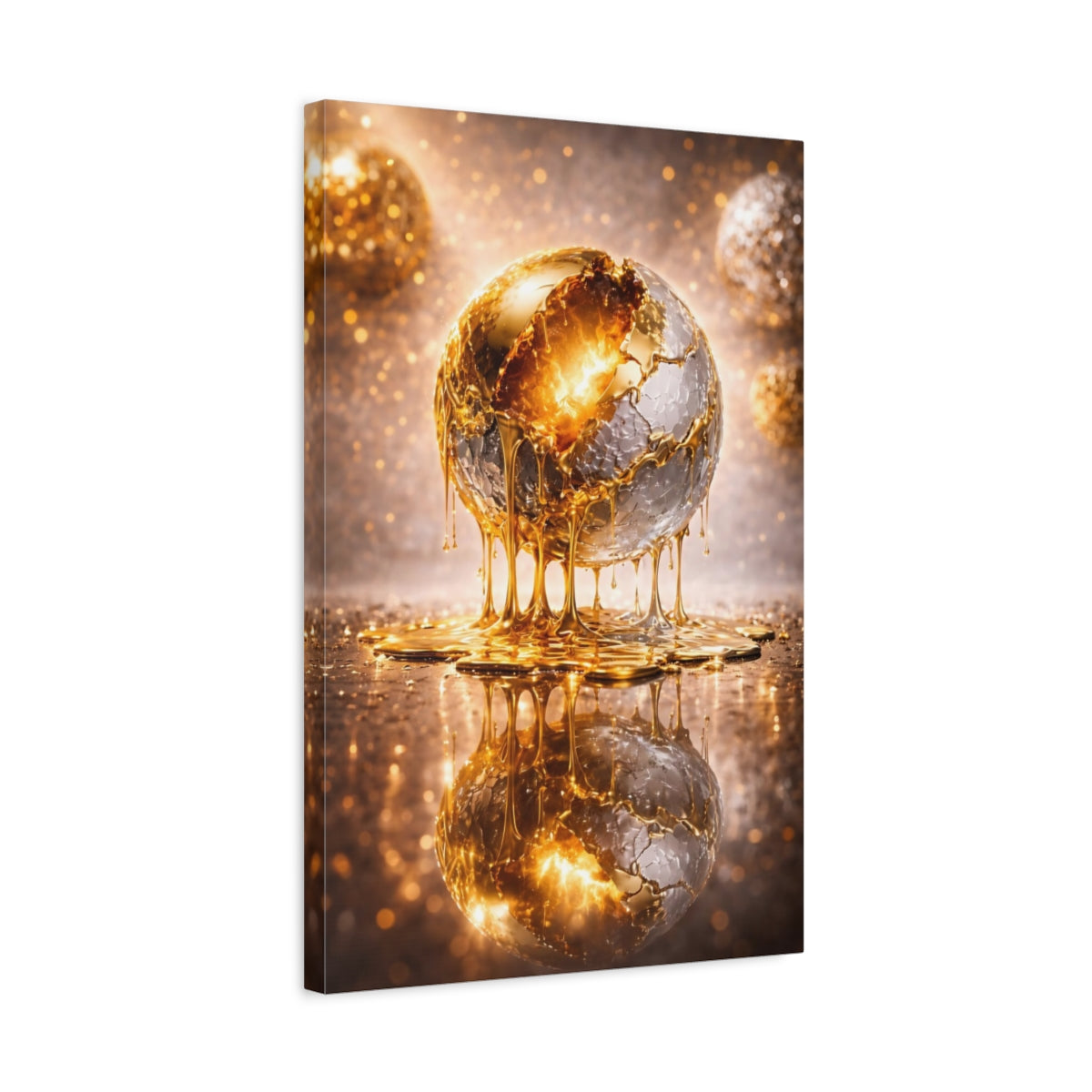 Side Mockup 3. Abstract Golden Sphere Gold And Silver shown as stretched canvas wall art