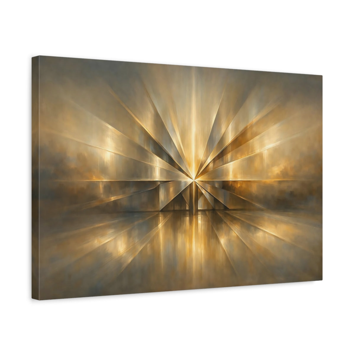 Side Mockup 3. Abstract Golden Starburst Golden Abstract shown as stretched canvas wall art