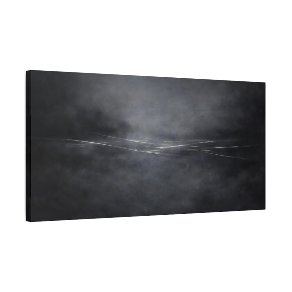 Side Mockup 2. Abstract Horizon Black And White shown as stretched canvas wall art