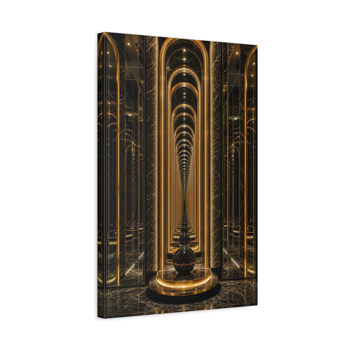 Side Mockup 3. Abstract Infinity Corridor Gold And Black shown as stretched canvas wall art
