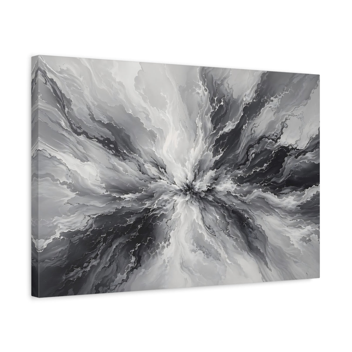 Side Mockup 3. Abstract Ink Explosion Monochrome Ink Abstract shown as stretched canvas wall art