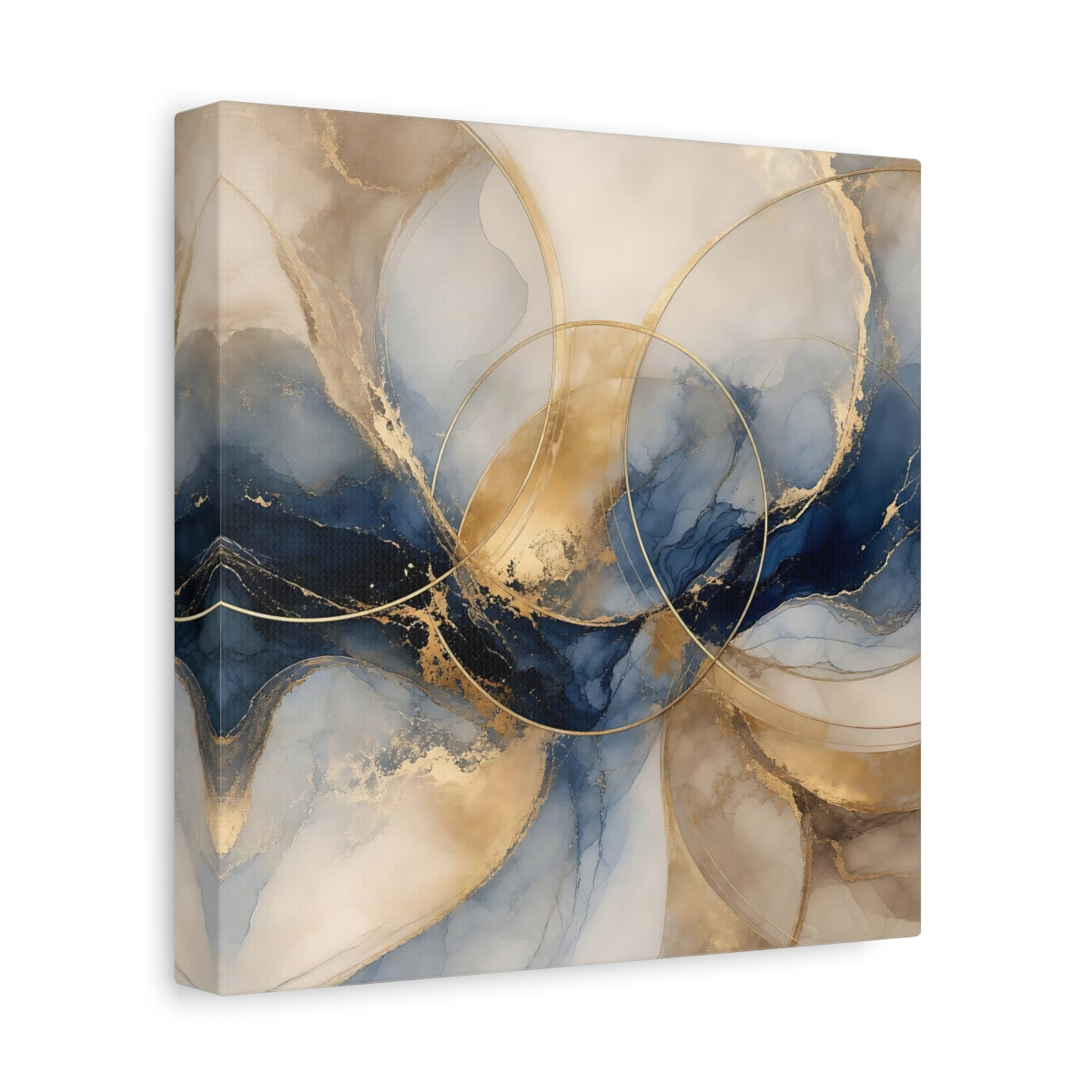 Side Mockup 9. Abstract Ink Flow Blue Gold Abstract shown as stretched canvas wall art