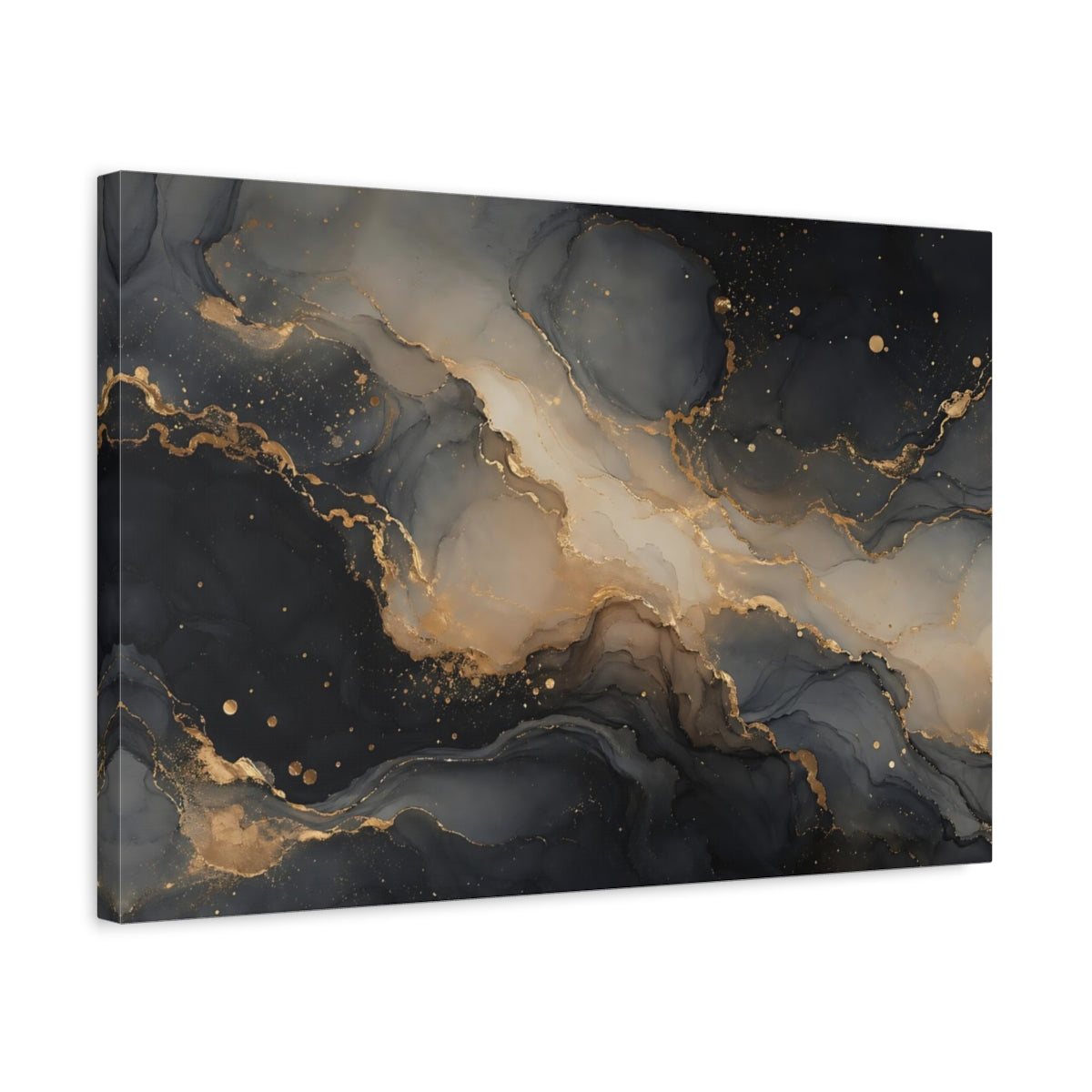 Side Mockup 3. Abstract Ink Flow Dark Gold Abstract shown as stretched canvas wall art