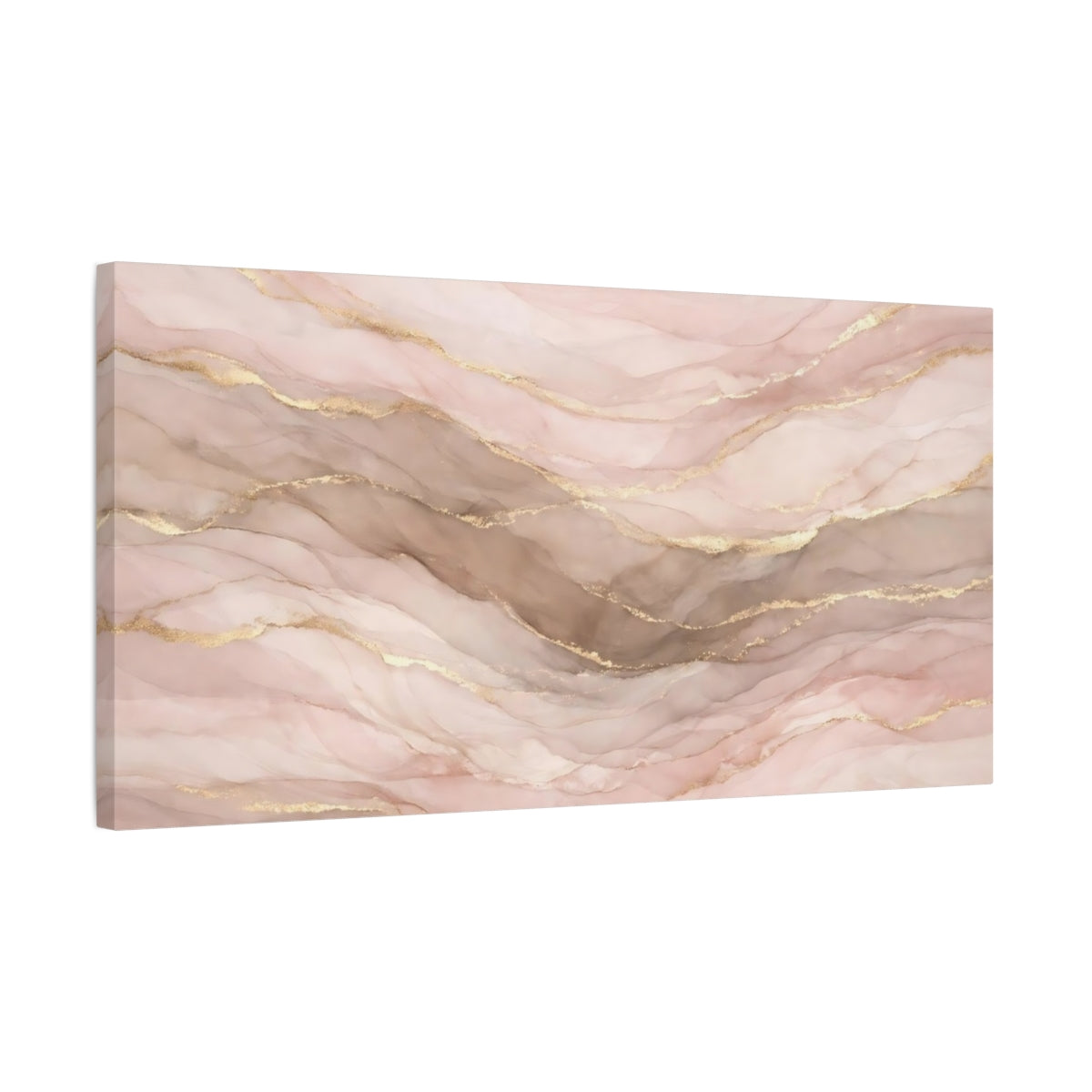 Side Mockup 2. Abstract Ink Flow Pink And Gold Abstract shown as stretched canvas wall art