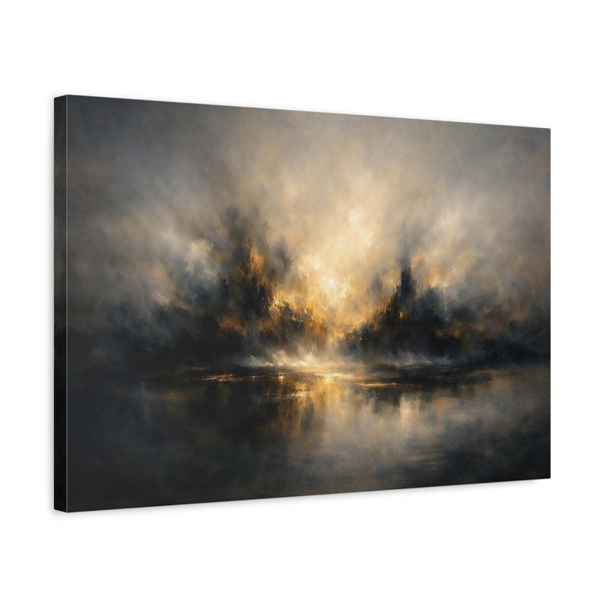 Side Mockup 3. Abstract Abstract Landscape Gold And Grey Abstract shown as stretched canvas wall art