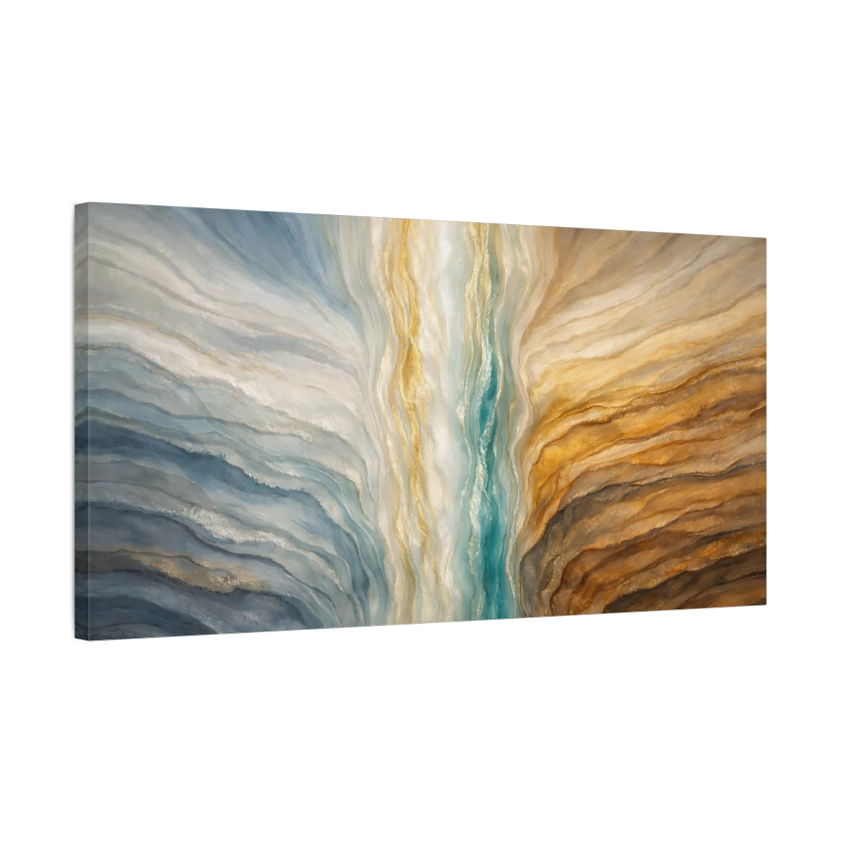 Side Mockup 2. Abstract Abstract Layers Blue Gold Teal shown as stretched canvas wall art