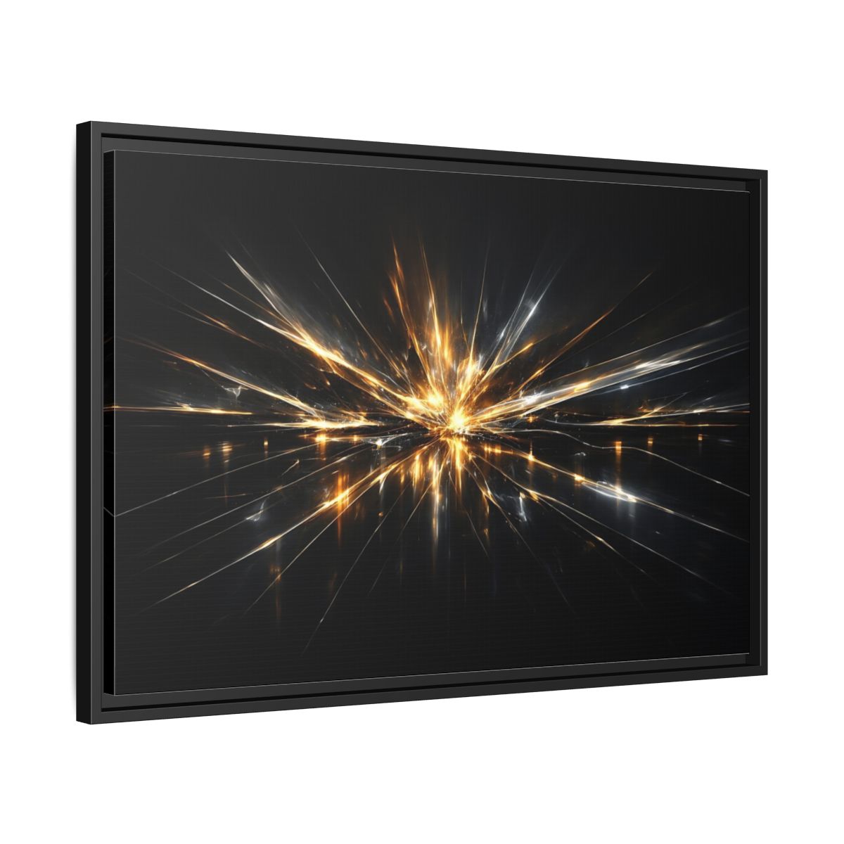 Side Mockup 14. Abstract Light Burst Gold And Black Abstract shown as stretched canvas wall art