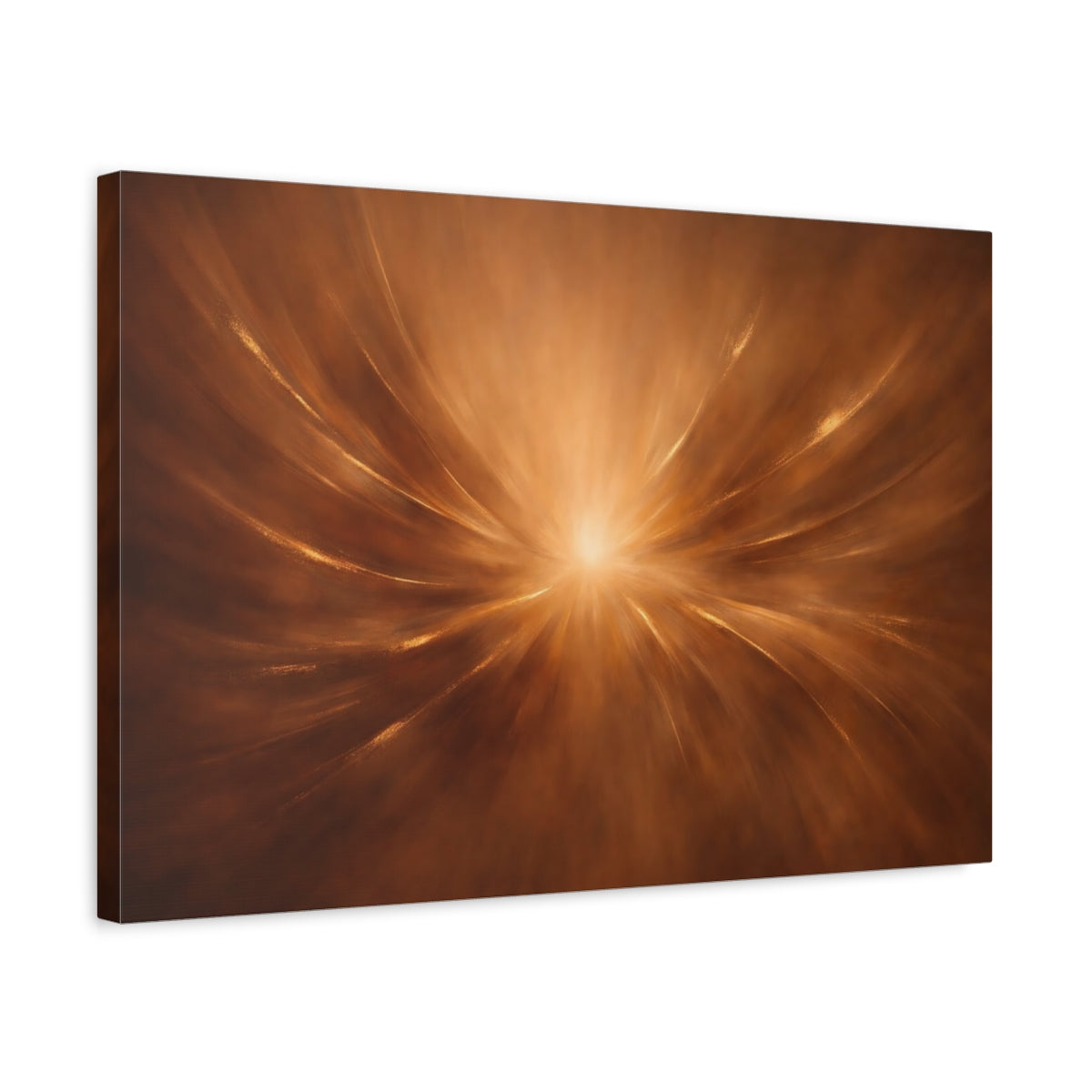 Side Mockup 3. Abstract Light Burst Gold Brown Abstract shown as stretched canvas wall art
